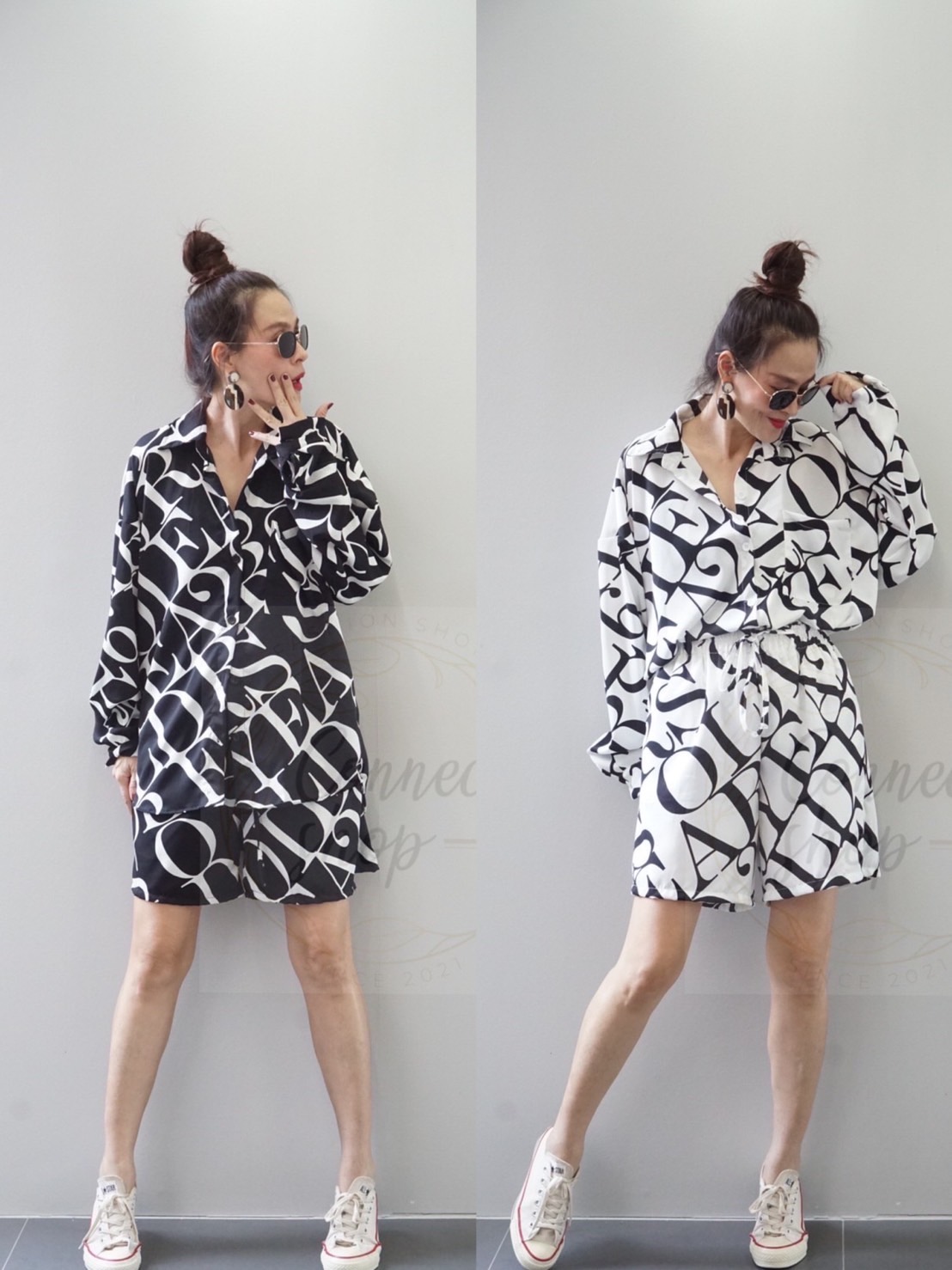 ชุดเซต 2 ชิ้น!! เสื้อเชิ้ตแขนยาว ผ้าไหมอิตาลี่ เนื้อนิ่ม พิมลายภาษาอังกฤษ มาคู่กับ กางขาสั้น เอวยางยืด งานเจาะกระเป๋าข้าง ใส่สบาย : สินค้าคุณภาพ (พร้อมส่ง)