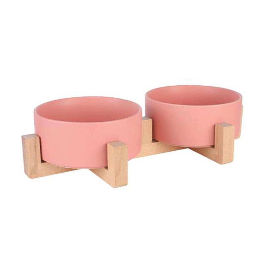 ชามเซรามิคสัตว์เลี้ยง Petsuka พร้อมฐานรองสไตล์ญี่ปุ่น สำหรับสุนัขและแมว สีชมพู แบบคู่ 850 ml