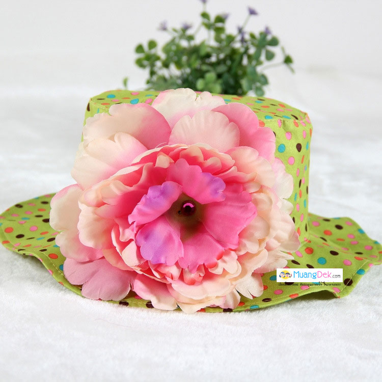 หมวกปีกเด็กหญิงลายจุด ติดดอกไม้ใหญ่ สำหรับเด็กวัย 2-5 ขวบ