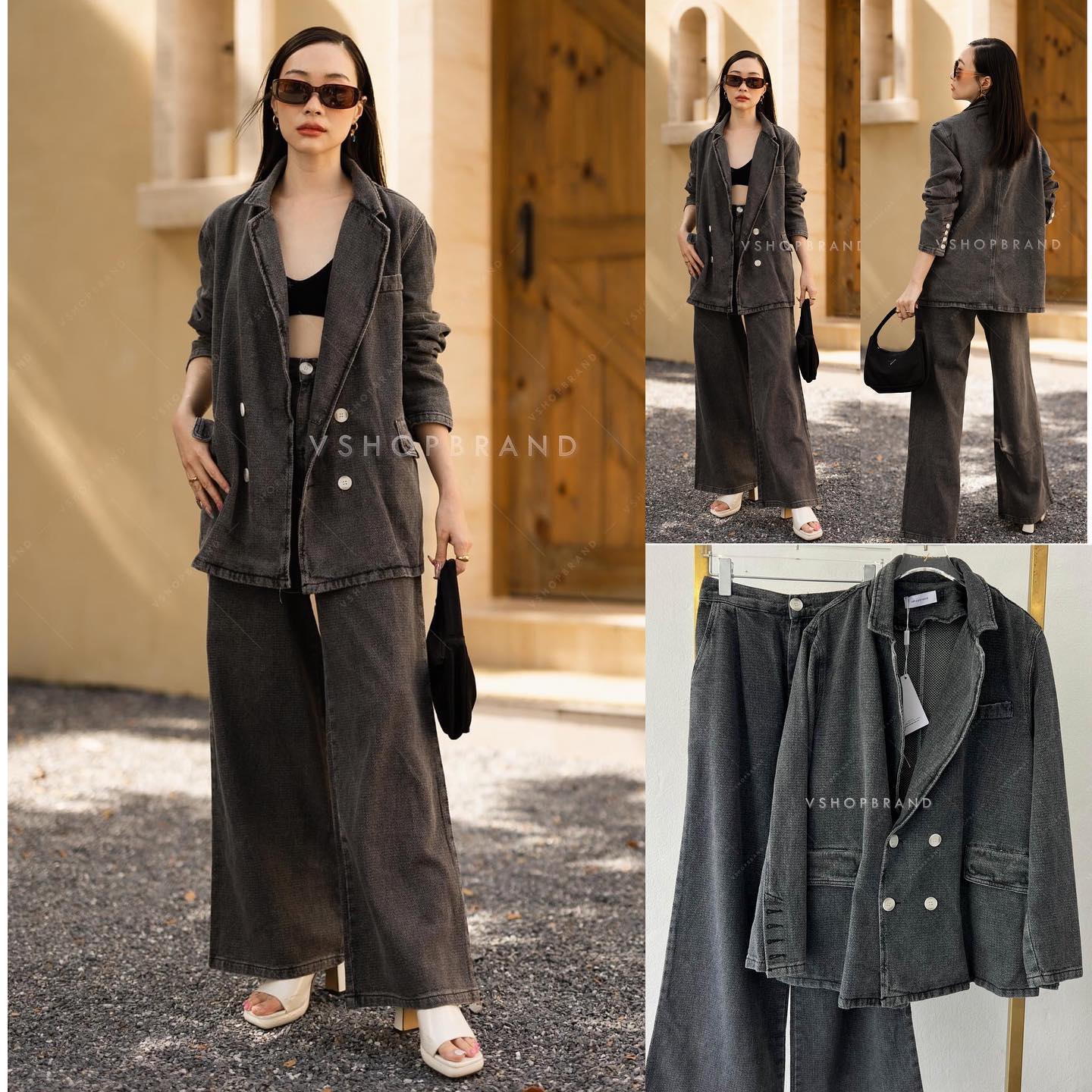 set เสื้อสูทยีนส์แขนยาวทรง oversize ดีไซน์ทอผ้าลายหยัก มาพร้อมกระเป๋าเอว 2 ข้าง แมทช์คู่กับกางยีนส์ขายาวทรงกระบอก ใส่สบายๆ สินค้าคุณภาพ (พร้อมส่ง)