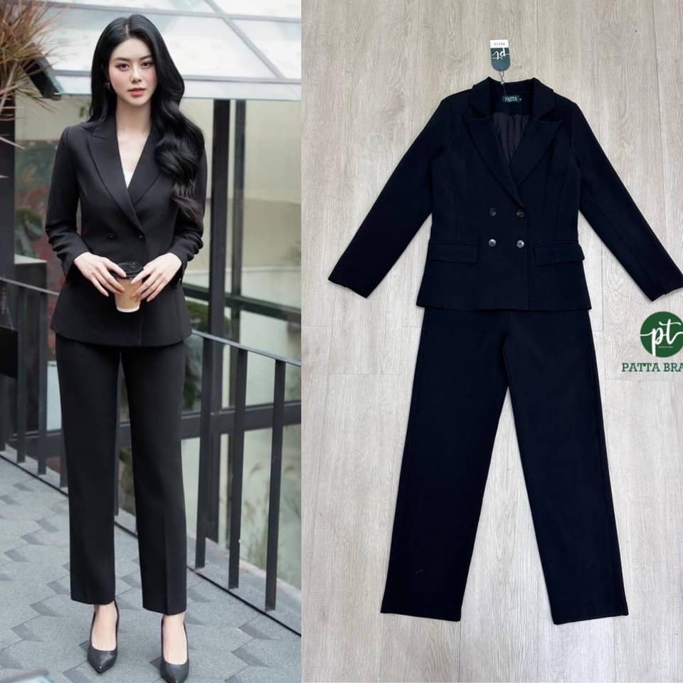 Setสูท 2 ชิ้น สีดำสุดฮิต ฮอตมาก เก๋สุด เสื้อสูทแขนยาวด้านหน้าแต่งกระดุม ใช้งานได้จริง ) และแต่งกระเป๋า2ข้างเก๋สุดๆ มาพร้อมกางเกงขายาว ใส่สบาย สินค้าคุณภาพ (พร้อมส่ง)