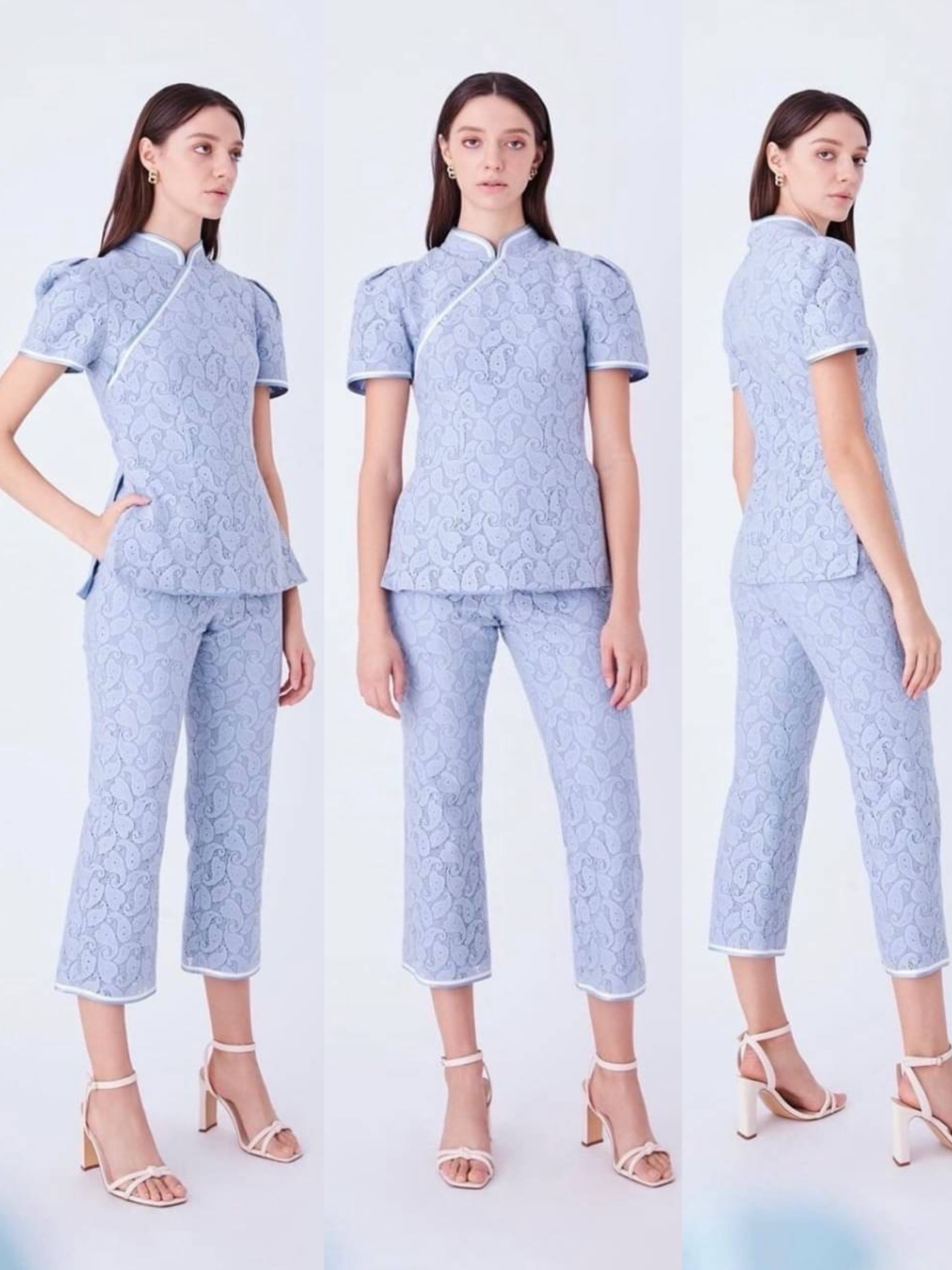 Set เซ็ทเสื้อกี่เพ้ากับกางเกง เรียบหรู เนื้อผ้าลูกไม้สั่งทำพิเศษลวดลายสวยเป๊ะไม่ซ้ำใคร สินค้าคุณภาพ (พร้อมส่ง)