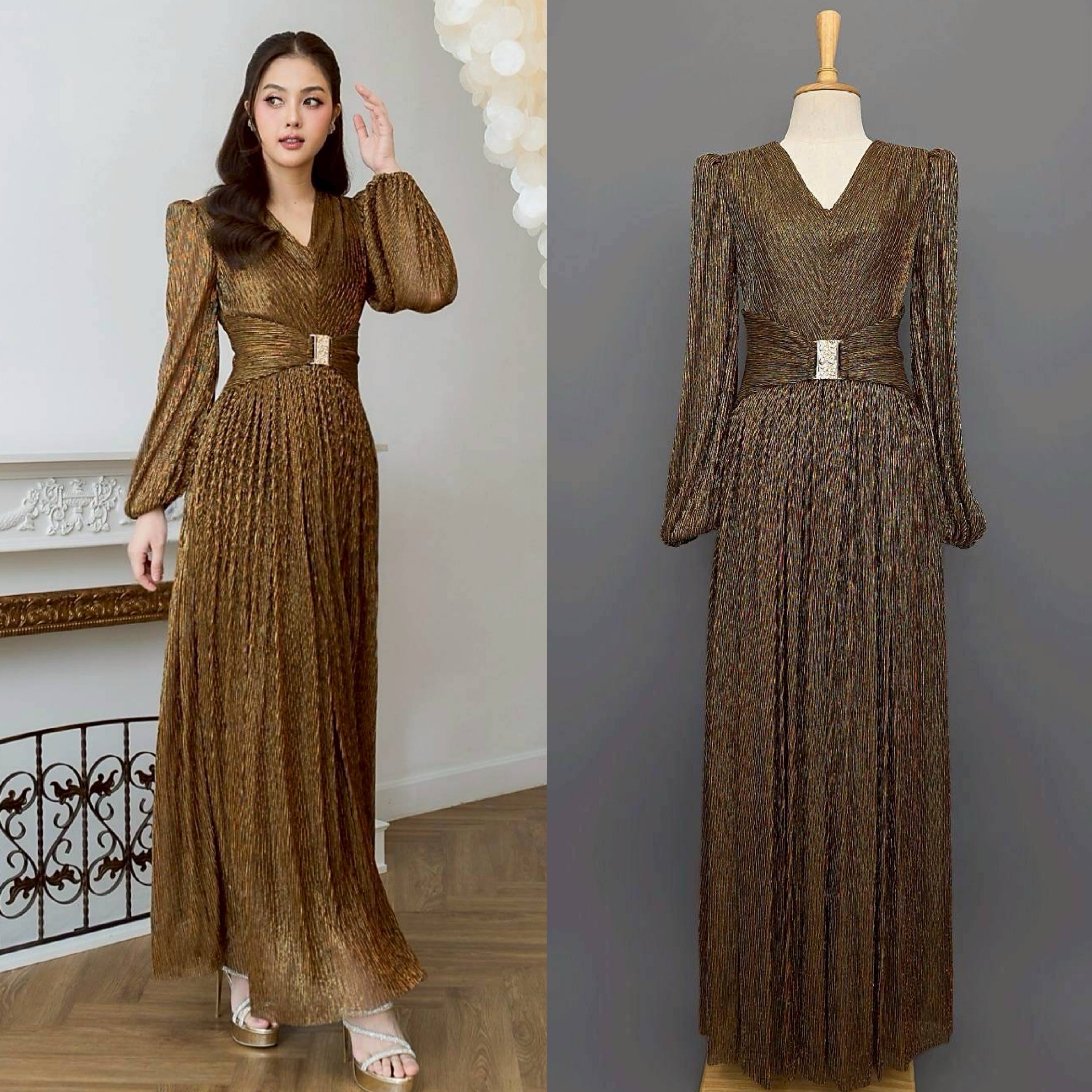 แม็กซี่เดรสเสื้อคอวีแขนยาว กระโปรงจีบรูดรอบตัว ☑️ดีเทลมีผ้าคาดเอว แต่งด้วยหัวเข็มขัดเพชรสีทอง ใส่สบาย : สินค้าคุณภาพ (พร้อมส่ง)