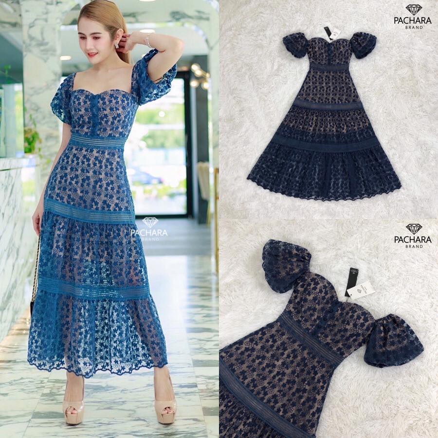 แมกซี่เดรสทรงเกาะอกสีกรมเข้ม แต่งแขนตุ๊กตาน่ารักมาก เนื้อผ้าหนาปักลาย ดอกไม้ทั้งชุด สินค้าคุณภาพ (พร้อมส่ง)