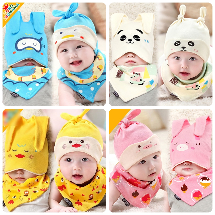ชุดหมวกเด็กอ่อน+ผ้ากันเปื้อนเด็กอ่อน ผ้ายืด 2 หูยาว แฟชั่นลายสัตว์น้อยสุด Chic