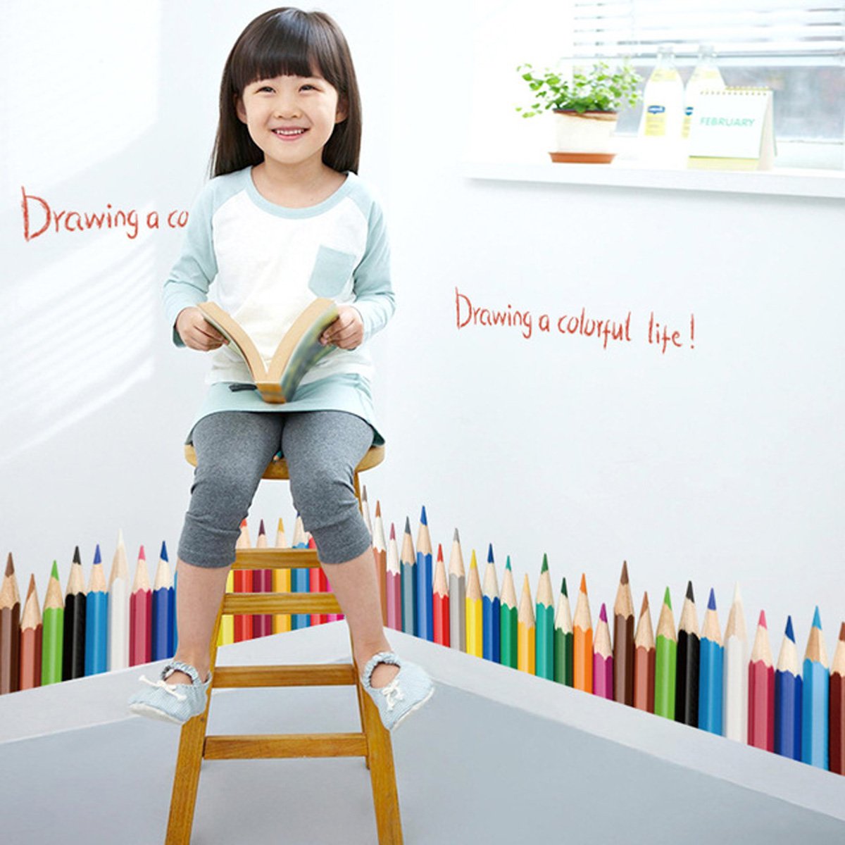 สติ๊กเกอร์แต่งห้อง DIY รูปสีไม้ Drawing a Colorful Life! ลอกออกแล้วติดซ้ำได้