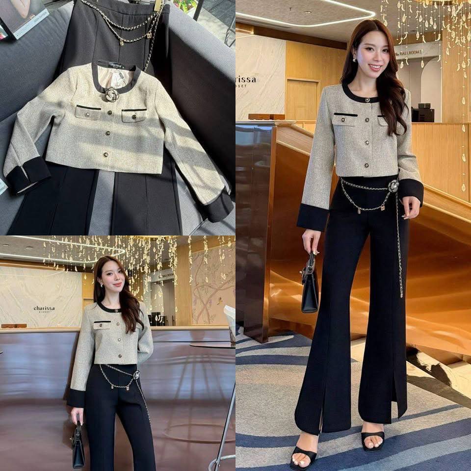 เซ็ท 4 ชิ้น: เสื้อทวิต+กางเกง+เข็มขัด+เข็มกลัดดอกไม้ ใส่สบาย : สินค้าคุณภาพ (พร้อมส่ง)