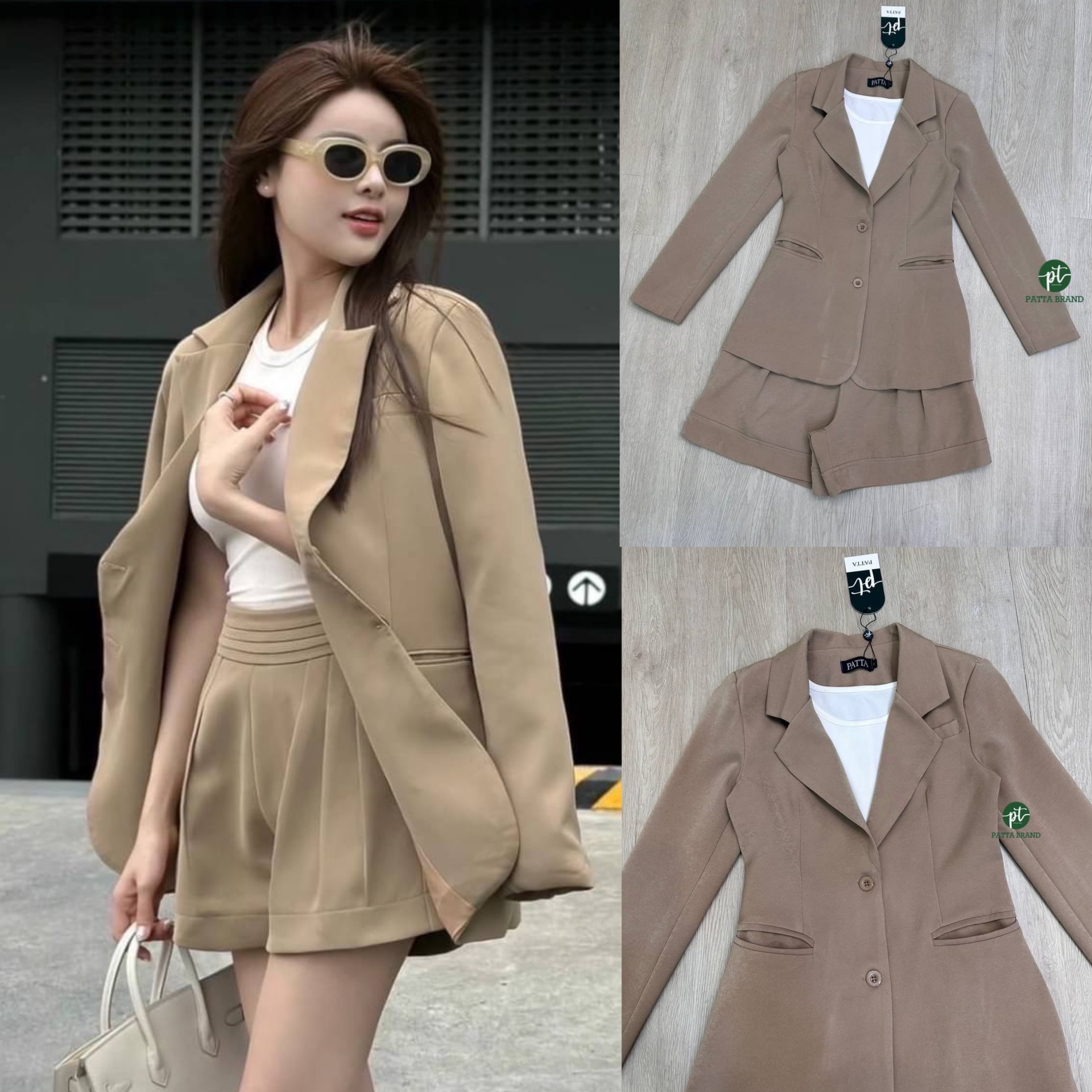 Set สูท3 ชิ้น เสื้อคลุมสูทแขนยาวมีกระดุมหน้า+เสื้อกล้ามสีขาวตัวใน มาคู่เซตกับกางเกงขาสั้นซิปข้าง เย็บซับในอย่างดี สินค้าคุณภาพ (พร้อมส่ง)