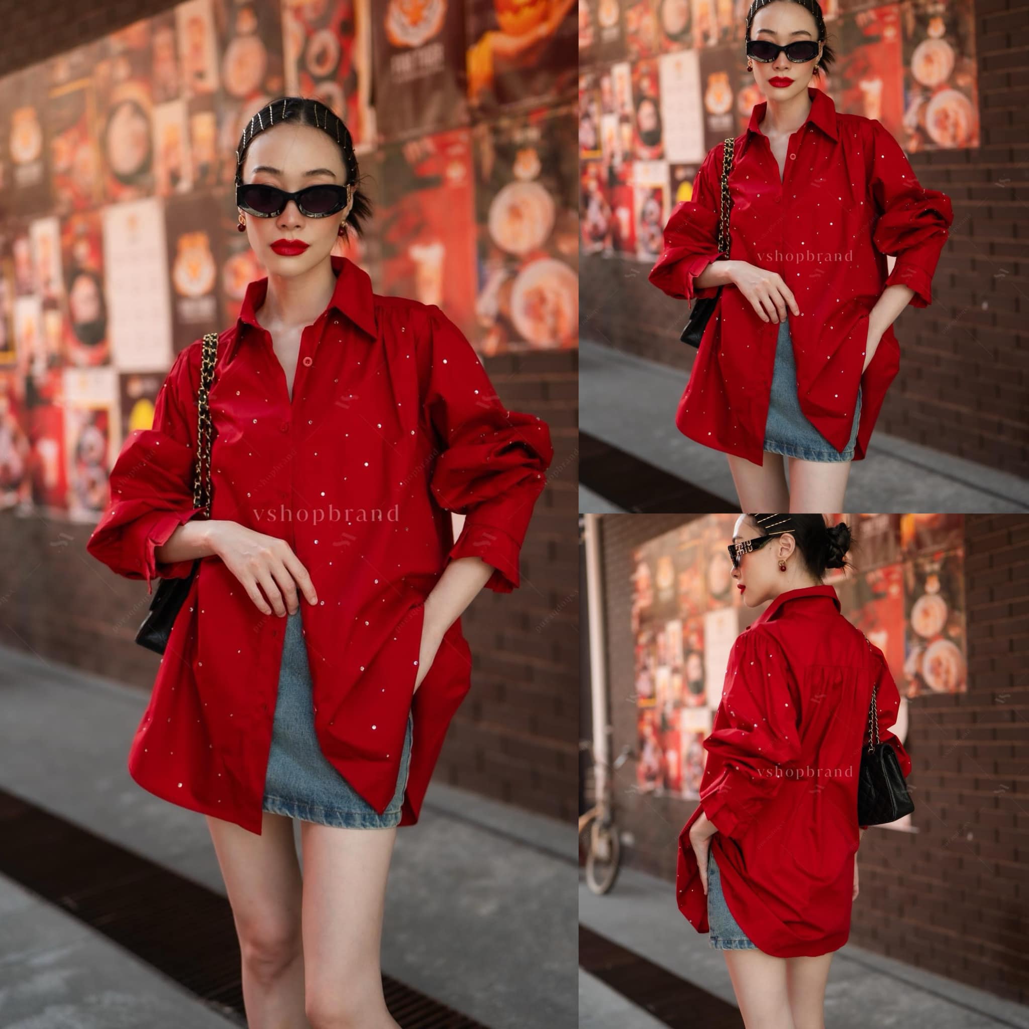 เชิ้ตแต่งเพชรเม็ดเล็กด้านหน้า ทรงสวย ใส่สบาย : สินค้าคุณภาพ (พร้อมส่ง)