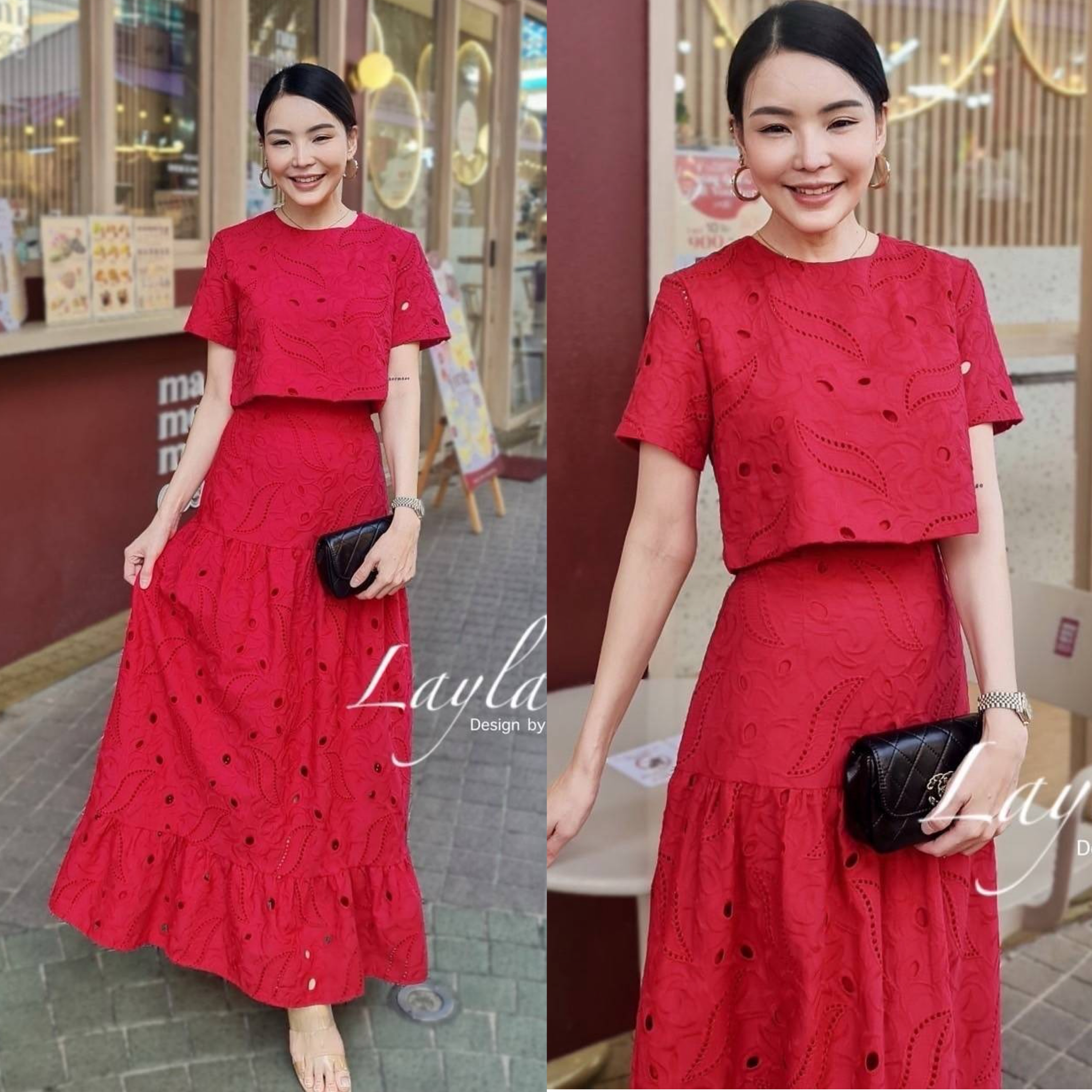 ชุดกี่เพ้า เสื้อลูกไม้เสื้อครอปแมทกับกระโปรงเอวสูงยาว ฉลุลายสวยปักแน่นๆ เสื้อมีซับในตัวนะคะ ใส่สบาย : สินค้าคุณภาพ (พร้อมส่ง)