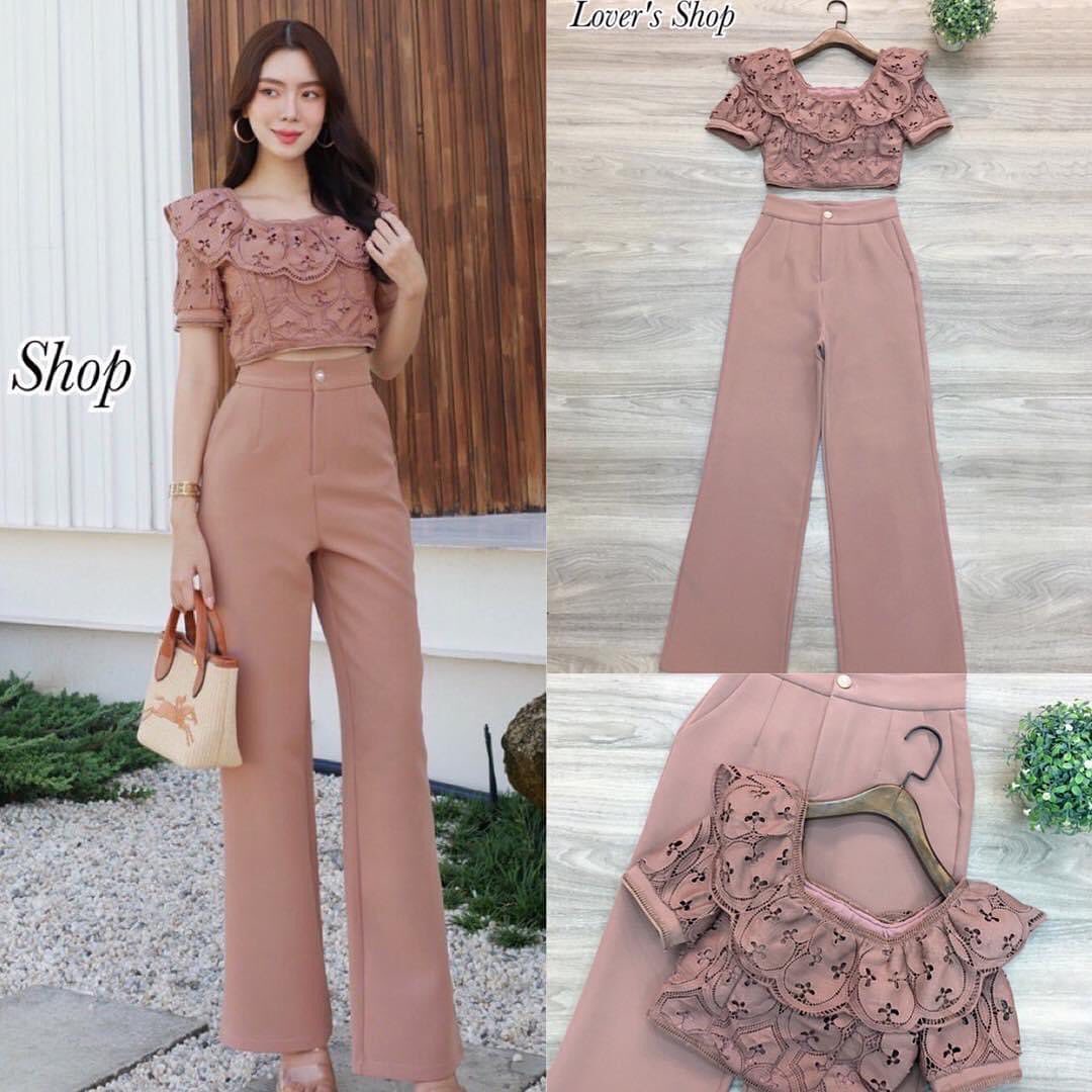 Set.2ชิ้น เสื้อลูกไม้แขนตุ๊กตา ทรงน่ารัก แม็ทกับกางเกงเอวสูงทรงสวย ผ้าลูกไม้เนื้อดีซับในทั้งตัว งานซิบหลัง อกเสริมฟองน้ำ . สินค้าคุณภาพ (พร้อมส่ง)