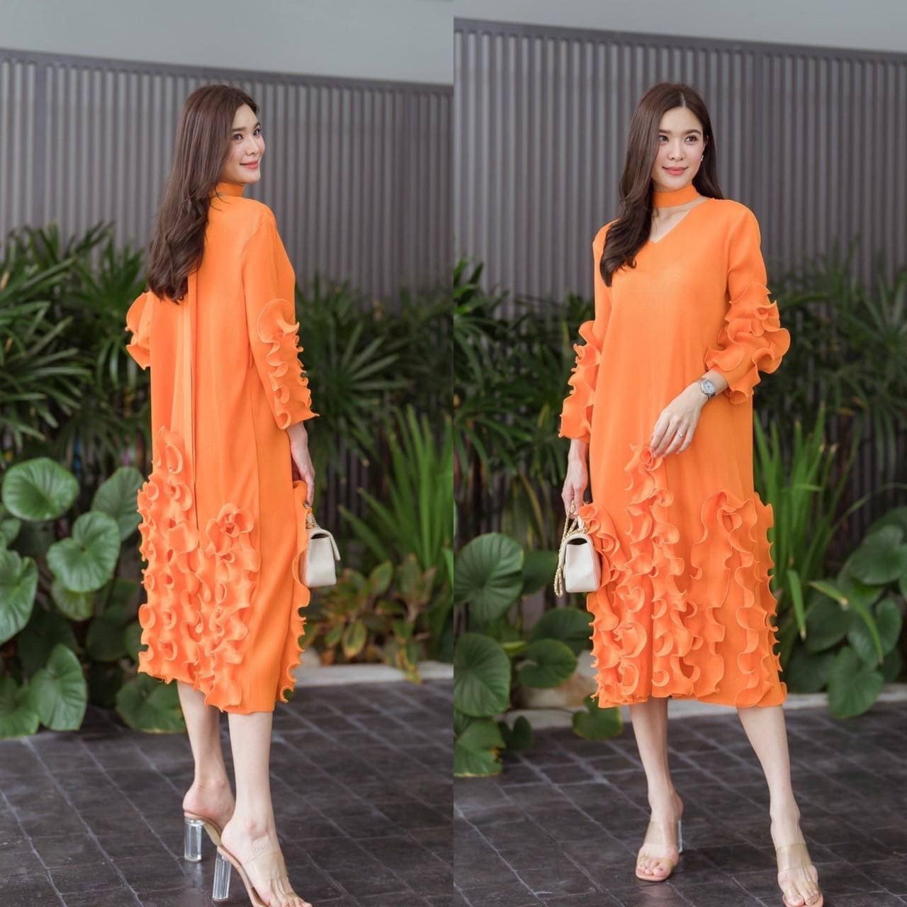 เดรสอัดพลีท งาน AA Premium 🥰 แพตเทิร์นคอวี แขน 3 ส่วน ดีเทลแต่ง แขนพุ่ม 👍🏻 สินค้าคุณภาพ (พร้อมส่ง)