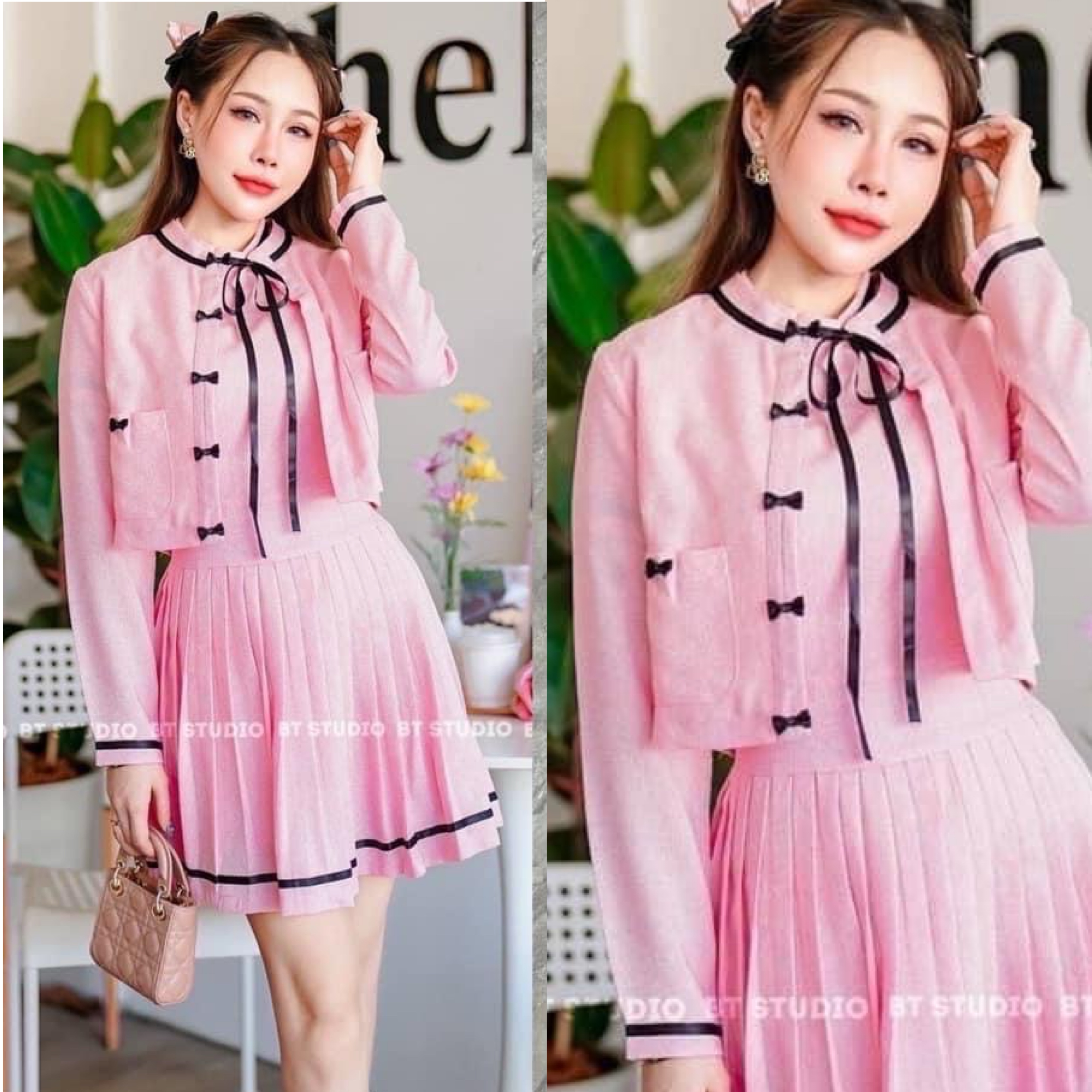 เซท 2 ชิ้น เสื้อเบเซอร์แขนยาวคอกลม แต่งแทบกุ้นตรงคอและปลายแขน กระเป๋าหน้า ใช้งานได้จริง แต่งโบเรียงกันมาด้านหน้า และฝา กระเป๋า แมทซ์กับเดรสสั้นกระโปรงสั้น ใส่สบาย : สินค้าคุณภาพ (พร้อมส่ง)