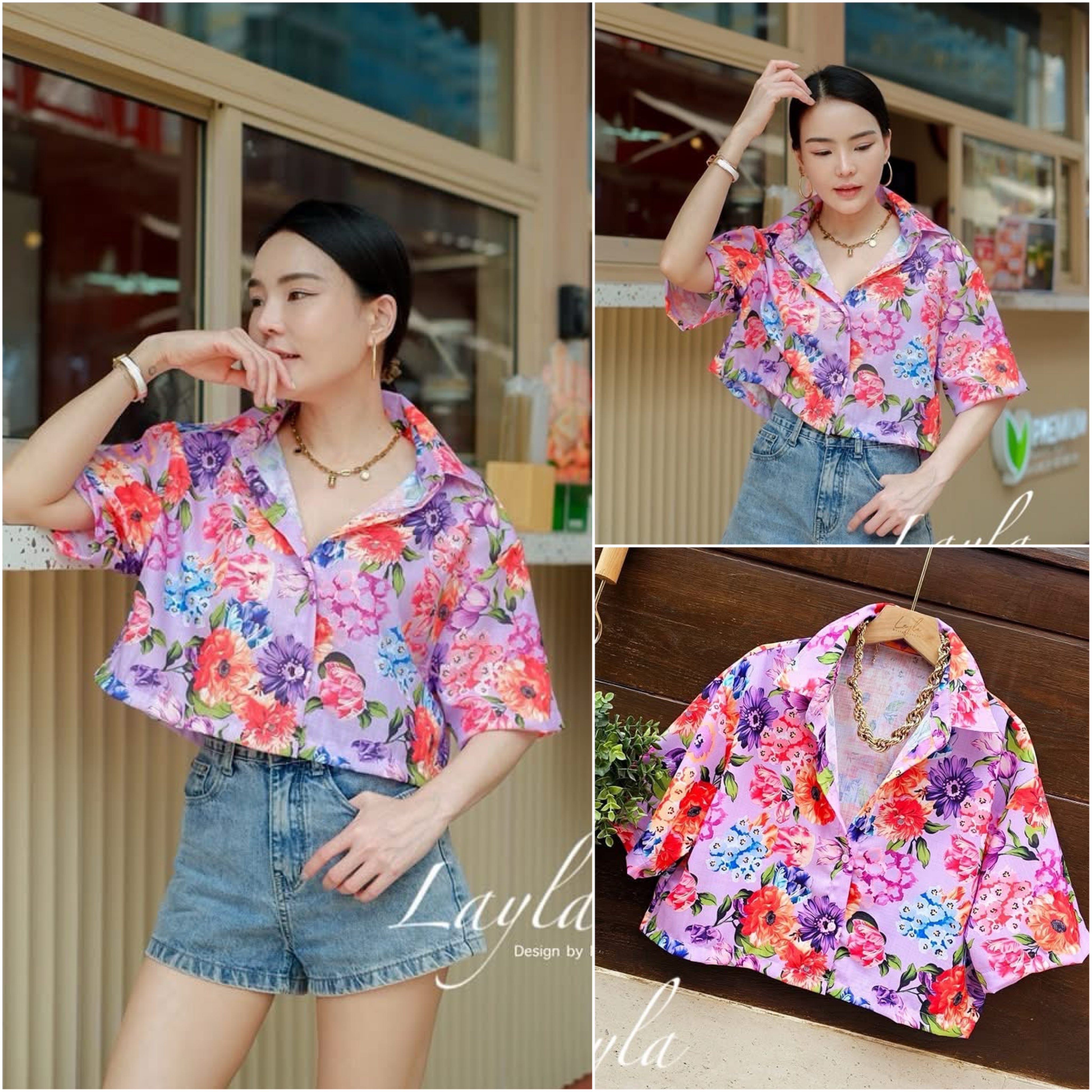 เสื้อครอปลายดอกสีสดใส เนื้อผ้ามี texture ทอลายสวย ทรงน่ารักโอเว่อร์ไซส์เก๋ๆ ใส่สบาย : สินค้าคุณภาพ (พร้อมส่ง)