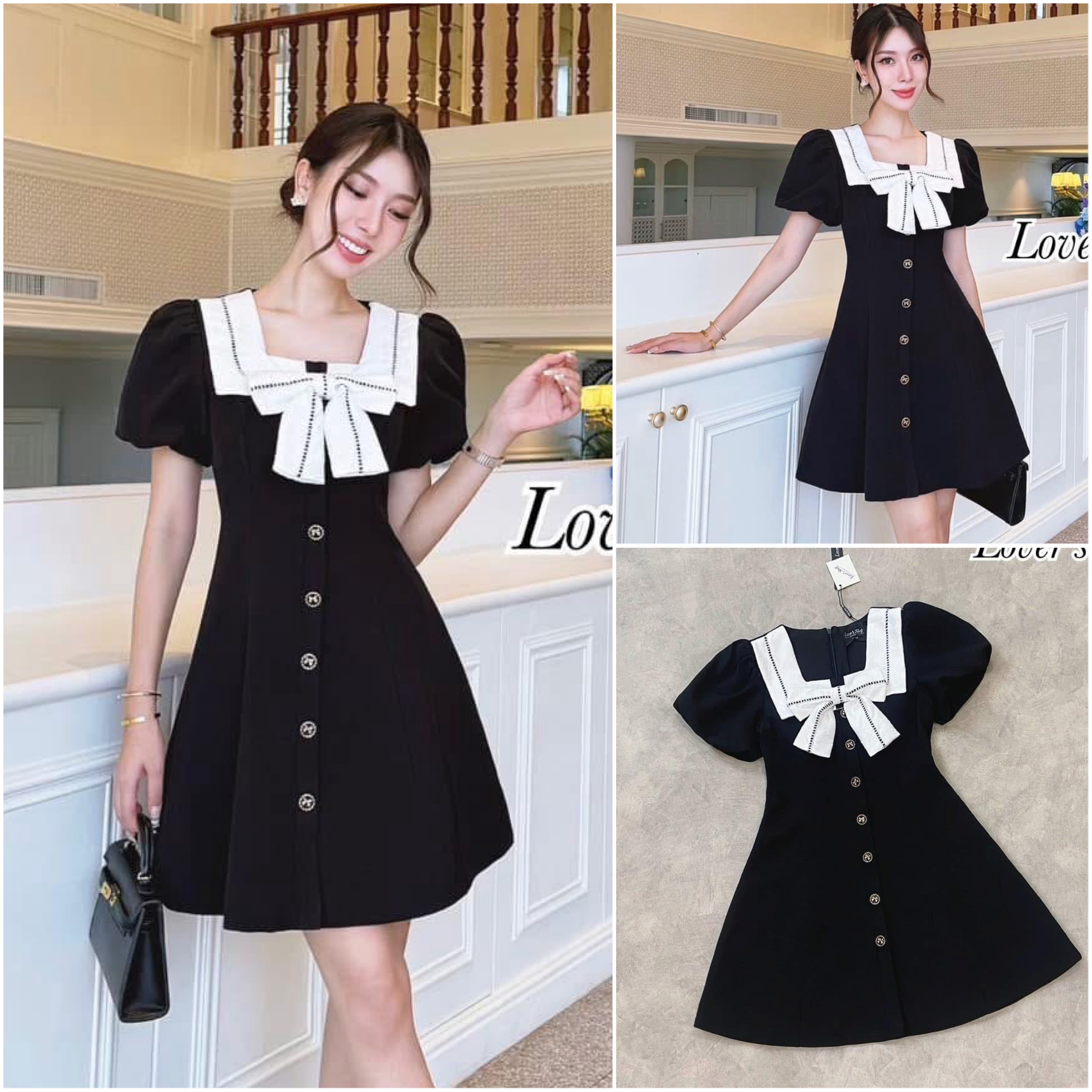 เดรสกระโปรง ลุคลูกคุณหนูทรงแขนตุ๊กตาน่ารัก แต่งปกโบว์ผ้าลูกไม้ ใส่สบาย : สินค้าคุณภาพ (พร้อมส่ง)