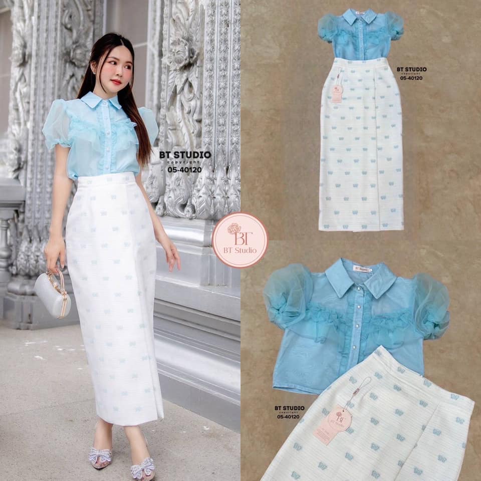 เซท 2 ชิ้น เสื้อแขนสั้นแขนตุ๊กตาคอปกกระดุมหน้าช่วงแผงอกแต่งระบาย แมทซ์กับกระโปรงผ้าถุงประยุกต์พิมพ์ลายผีเสื้อกระจายทั่วทั้งชุด ใส่สบาย : สินค้าคุณภาพ (พร้อมส่ง)