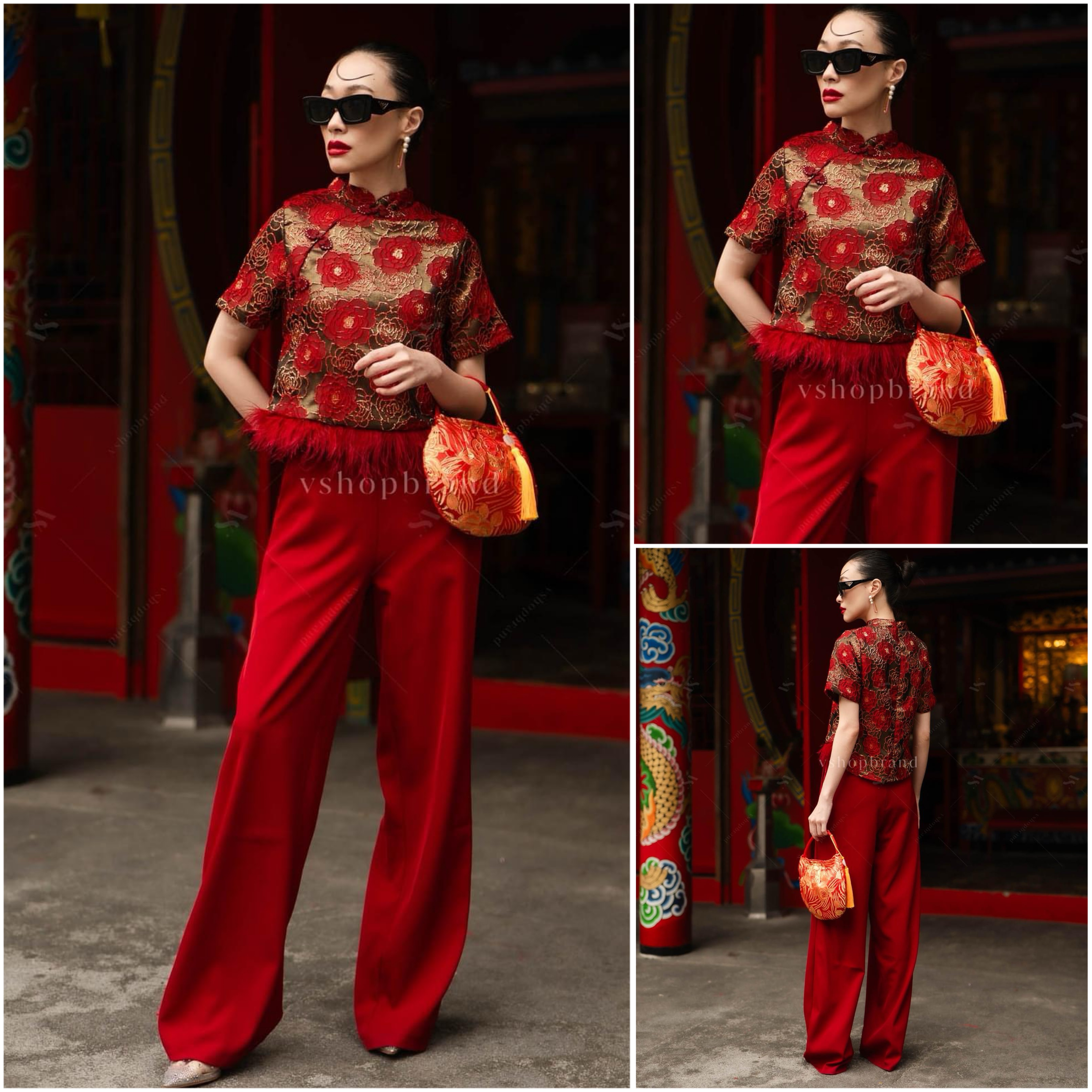 Set กี่เพ้า เสื้อแขนสั้นลายดอกชายขนนก + กางเกงขายาวผ้าพื้น สินค้าคุณภาพ (พร้อมส่ง)