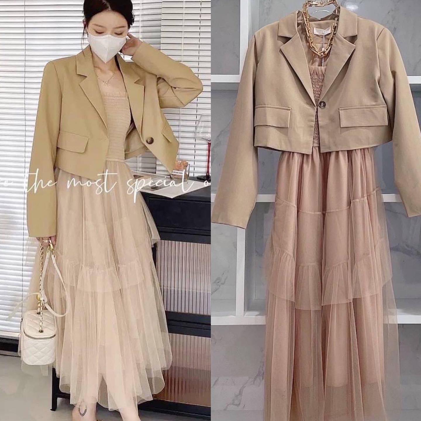 set 2 pcs เสื้อคลุมบ่าเสริมฟองน้ำ แต่งกระเป๋าหลอก +มาพร้อมเดรสสายเดี่ยว (สายปรับได้) ช่วงอกเป็นสม๊อกยางยืด ช่วง กระโปรงเป็นผ้าตาข่ายมีซับในอย่างดี สินค้าคุณภาพ (พร้อมส่ง)