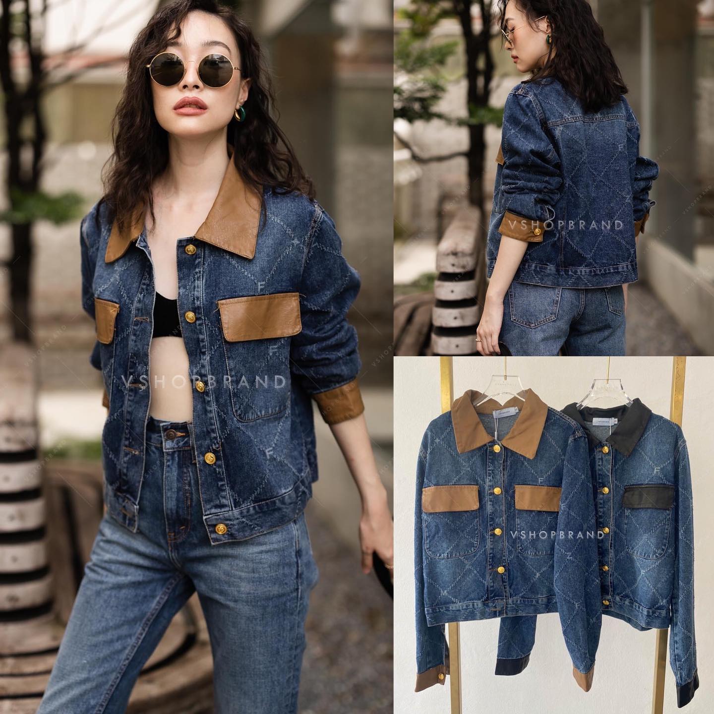 แจ็คเก็ตยีนส์แขนยาวพิมพ์ ลายตาราง ปกหนัง กระเป๋าหนังอก 2 ข้าง แต่งกระดุมทอง งานดีไซน์สวยคลาสสิค ใส่สบายๆ : สินค้าคุณภาพ (พร้อมส่ง)