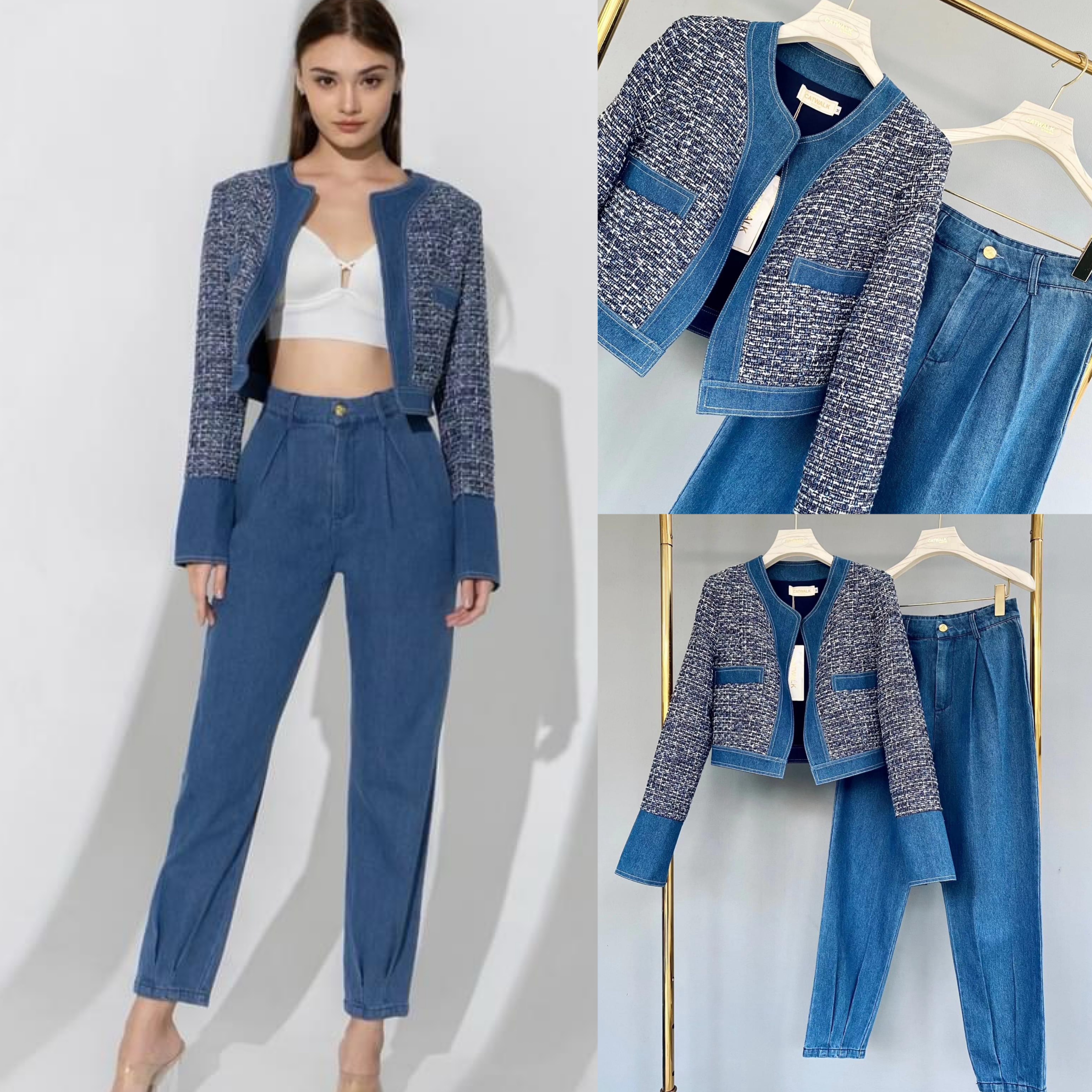 กับเซตแจ็คเก็ต ทวิตแต่งขอบยีนส์+กางเกงขายาวทรงสวย ใส่สบาย สินค้าคุณภาพ (พร้อมส่ง)