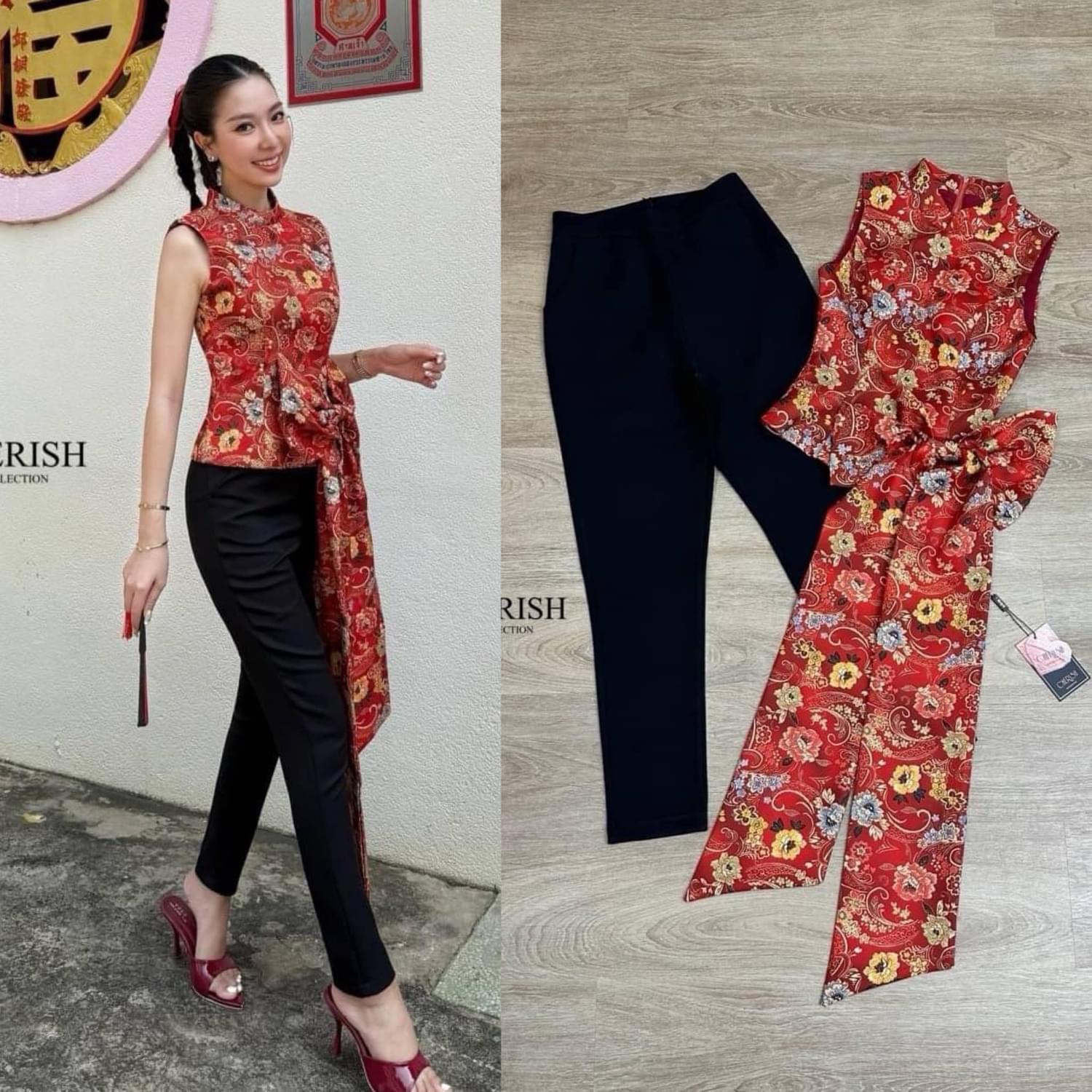 Set กี่เพ้าสไตล์โมเดริน ตัวเสื้อคอจีนพิมพ์ลาย แต่งโบว์ใหญ่ ทิ้งชายยาว ตัวกางเกงทรงกระบอกเล็ก ใส่แล้วเข้ารูปเข้าคู่กันสุดๆ ใส่สบาย : สินค้าคุณภาพ (พร้อมส่ง)