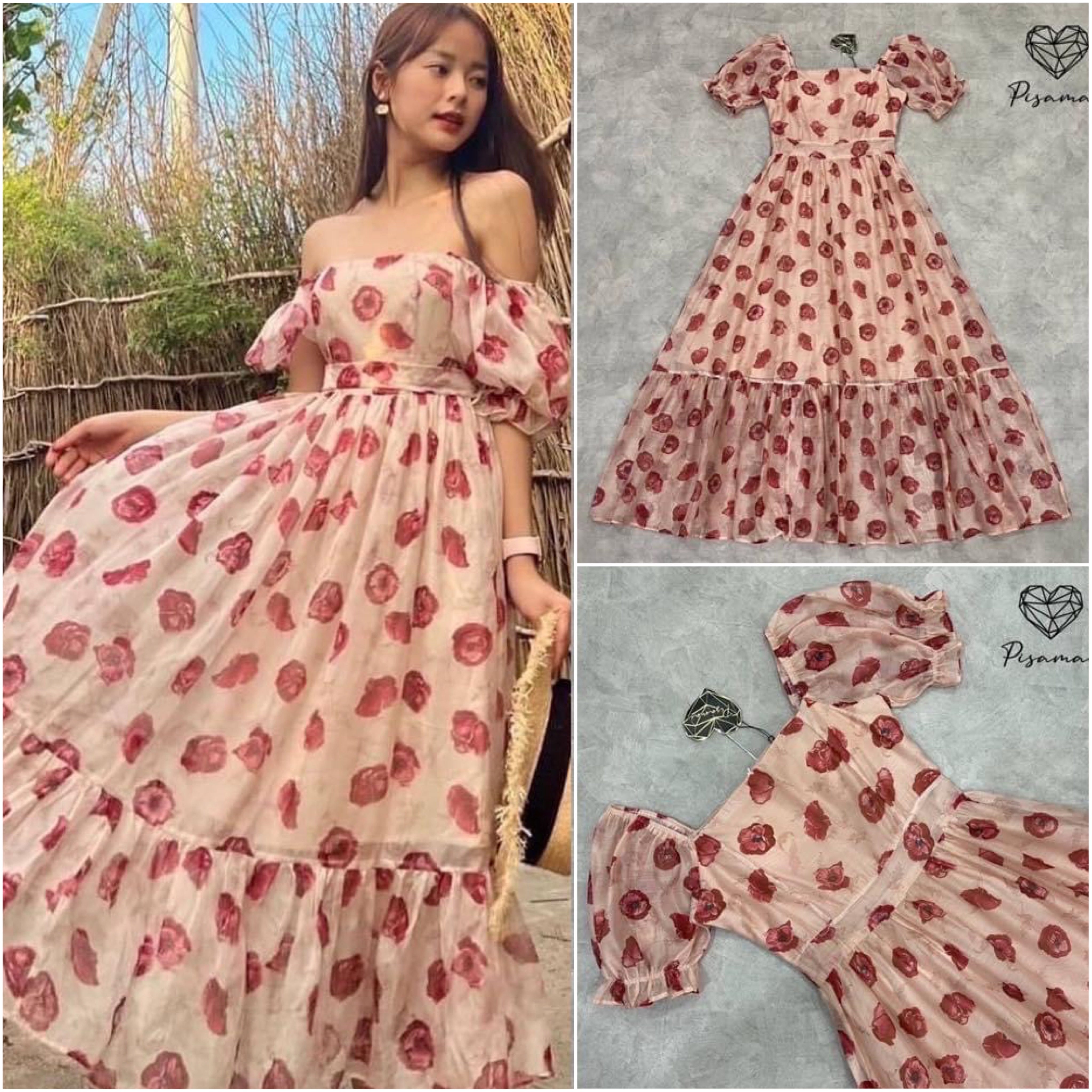 เดรสปาดไหล่แขนตุ๊กตาทรงกระโปรงบาน แต่งลายดอกสีแดงน่ารักๆ ทรงสวย สวมใส่สบาย สินค้าคุณภาพ (พร้อมส่ง)