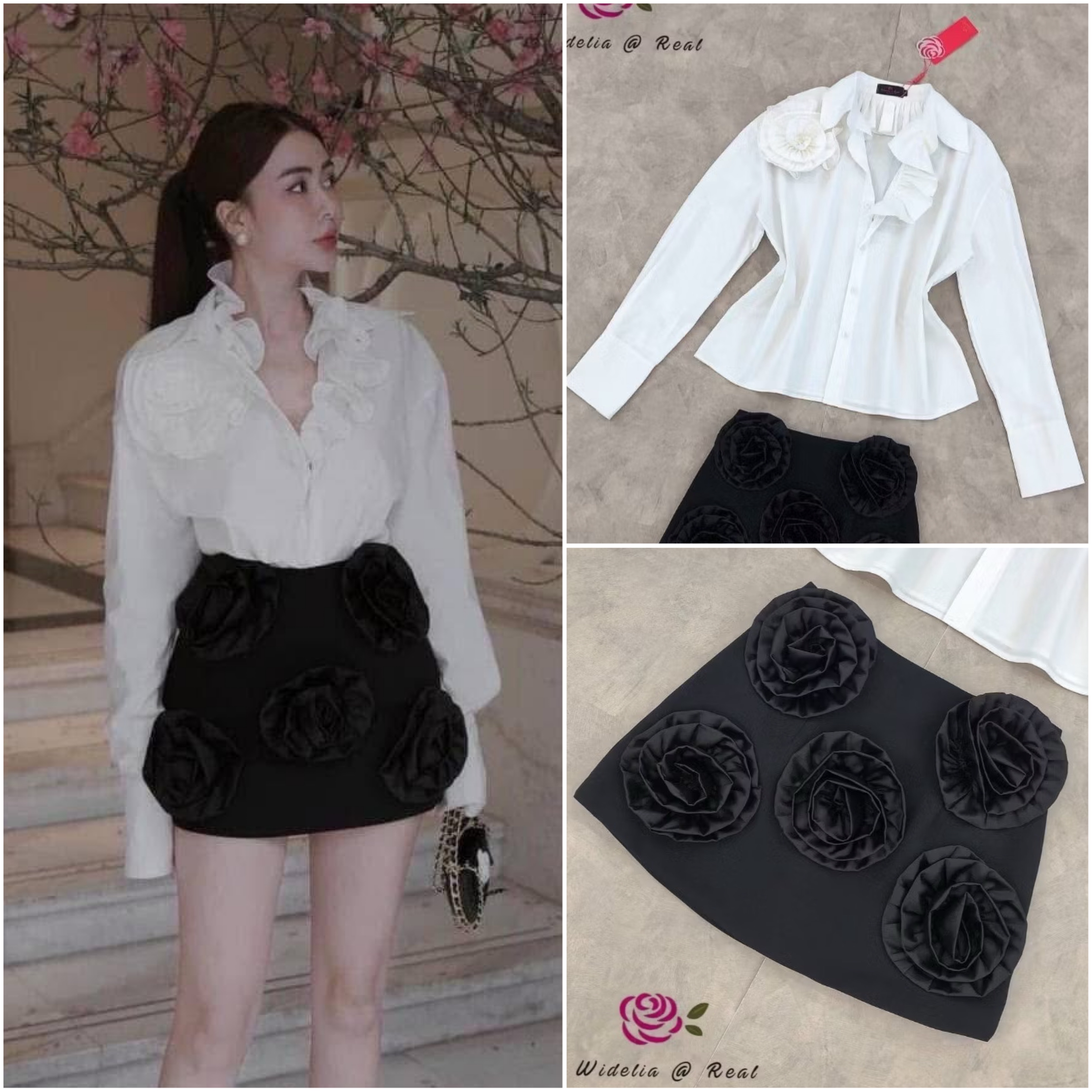 เซ็ทเสื้อเชิ๊ตแขนยาวตัวสวยสุดเฟียส แพทเทิ้ลสวยเป๊ะ มีดีเทลเก๋ด้วยการแต่งระบายช่วงคอและแต่งดอกไม้ด้านข้างเพิ่มความคูล มาเข้าชุดกับกระโปรงสั้นทรงสวย เพิ่มความเก๋ด้วยการแต่งดอกไม้ตรงกระโปรง ใส่สบาย : สินค้าคุณภาพ (พร้อมส่ง)