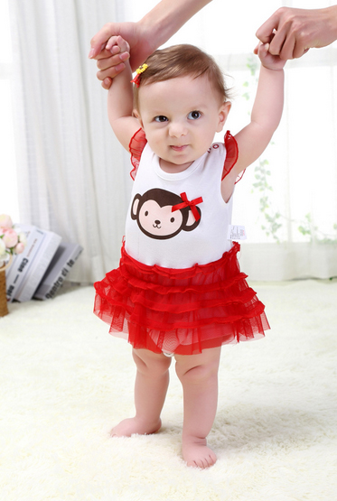 ชุดกระโปรงเด็กเล็ก ชุดเดรสบอดี้สูทเด็กหญิงกระโปรงแดง Size 3M / 24M