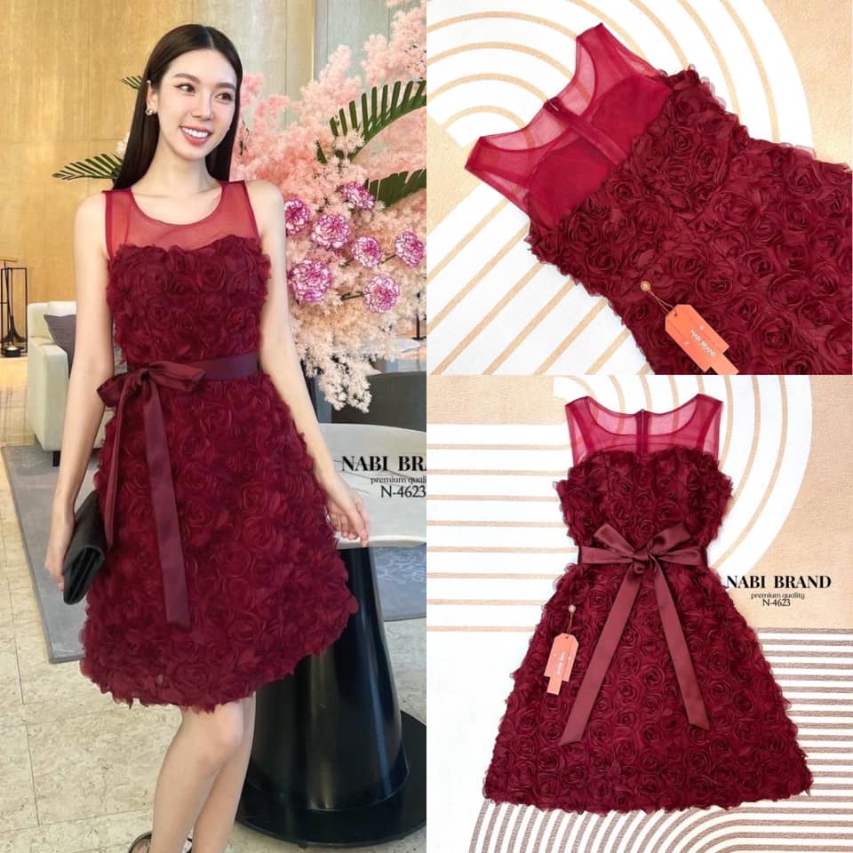 เดรสแขนกุดทรงเอ ผ้า3D ดอกกุหลาบ สีใหม่สวยมาก มีสายผูกโบว์ที่เอว มีฟองน้ำและซับใน ใส่สบาย : สินค้าคุณภาพ (พร้อมส่ง)