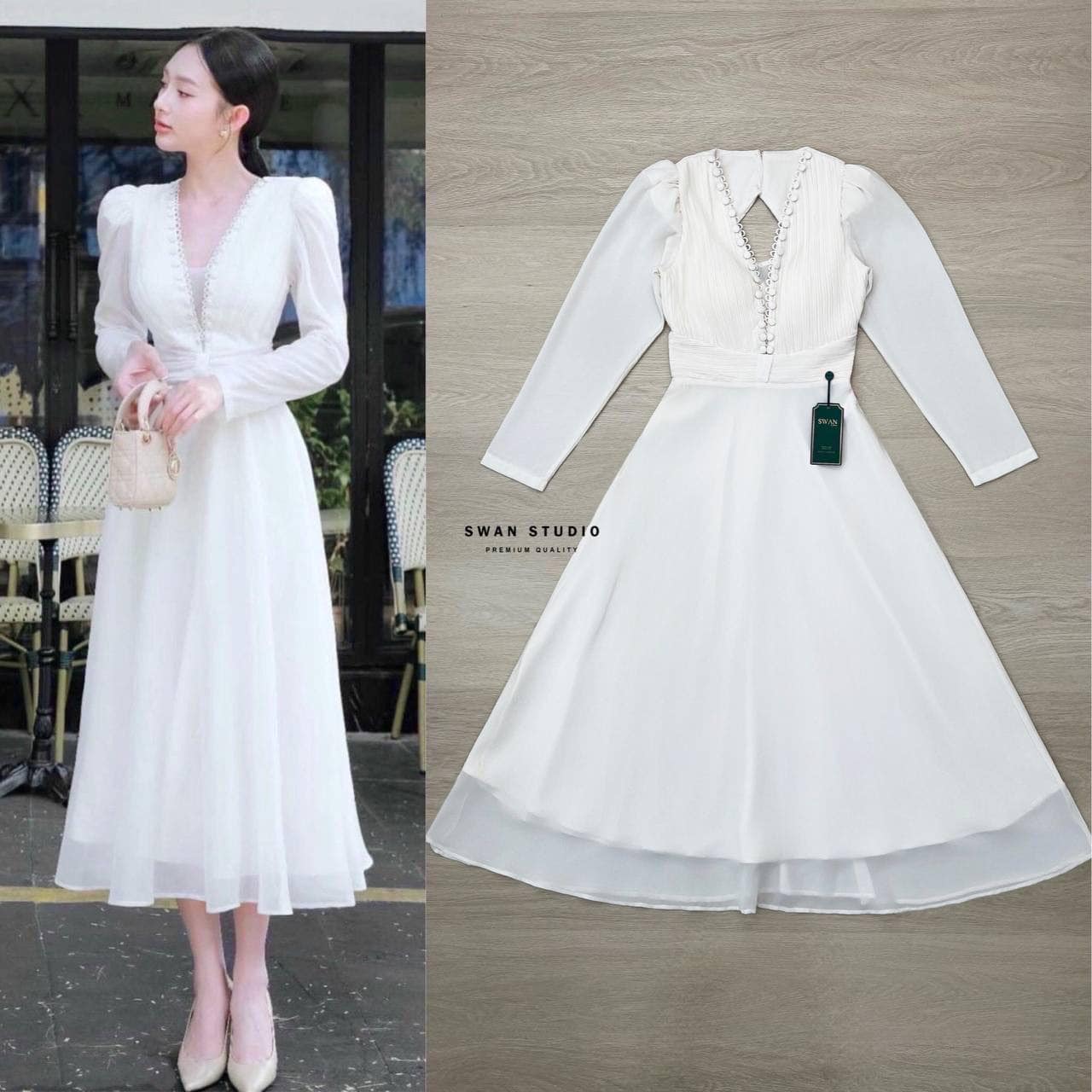 เดรสยาวสีครีมแขนยาว ช่วงบนเอาผ้า ที่อัดจีบแต่งกระดุมปั้มที่ขอบคอ ด้านหลังเปิด เว้าเป็นสามเหลี่ยมเนื้อผ้ามีน้ำหนัก สวยมาก ใส่สบาย : สินค้าคุณภาพ (พร้อมส่ง)