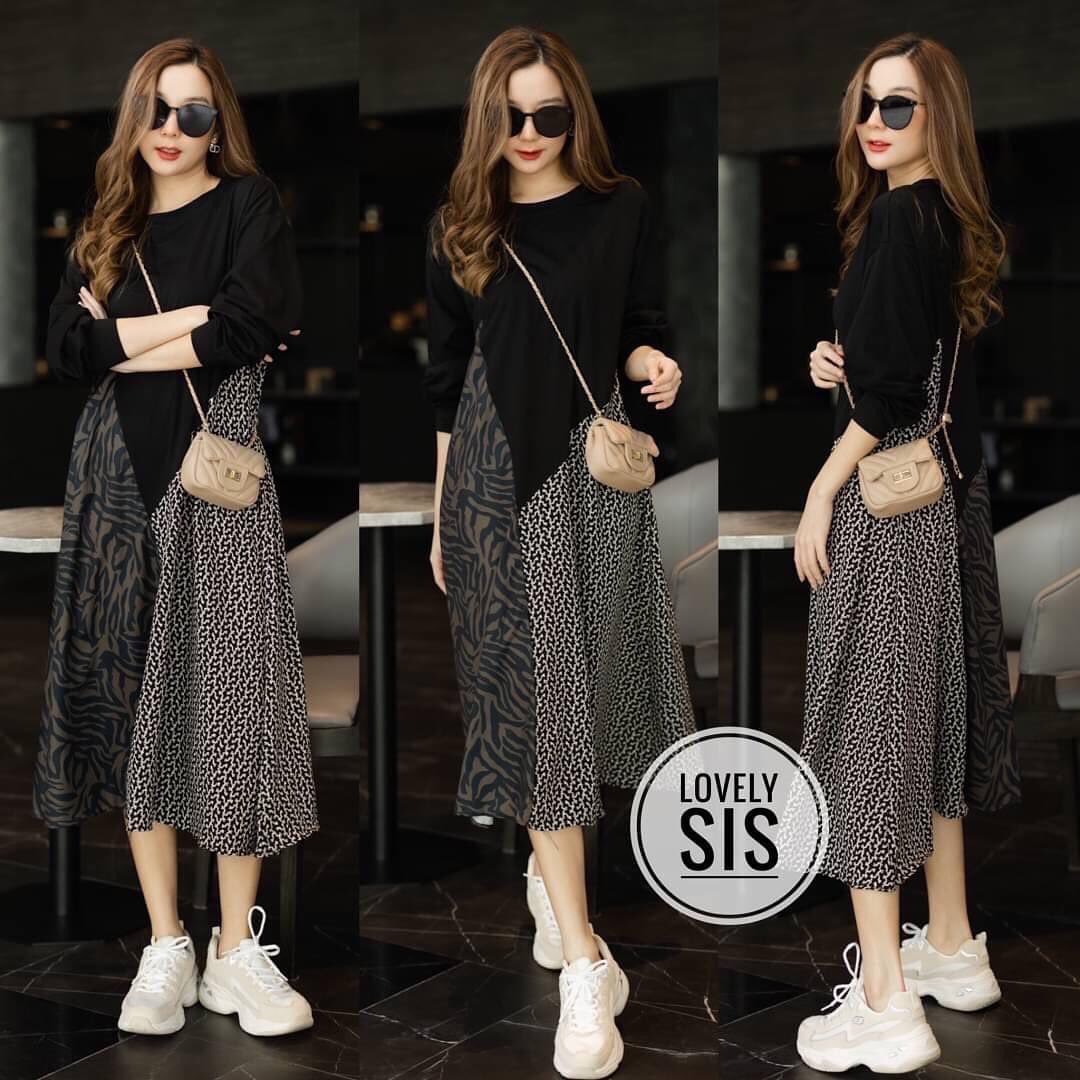 เดรสผ้ายืดแขนยาว ต่อดีเทลผ้า พริ้วลื่นพิมพ์ลายสลับฝั่ง ใส่แล้ว ทรงสวย เป็นชุดใส่ง่าย ผ้าใส่สบาย สินค้าคุณภาพ (พร้อมส่ง)