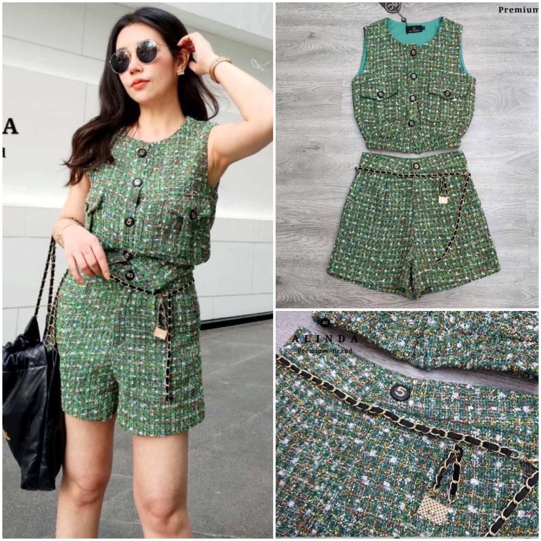 ชุดเซ็ท 3 ชิ้น เสื้อผ้าทวิต แขนกุด กระดุมหน้าอย่างส๊วยยยย มาพร้อมกางเกง ขาสั้น และเข็มขัด สินค้าคุณภาพ (พร้อมส่ง)