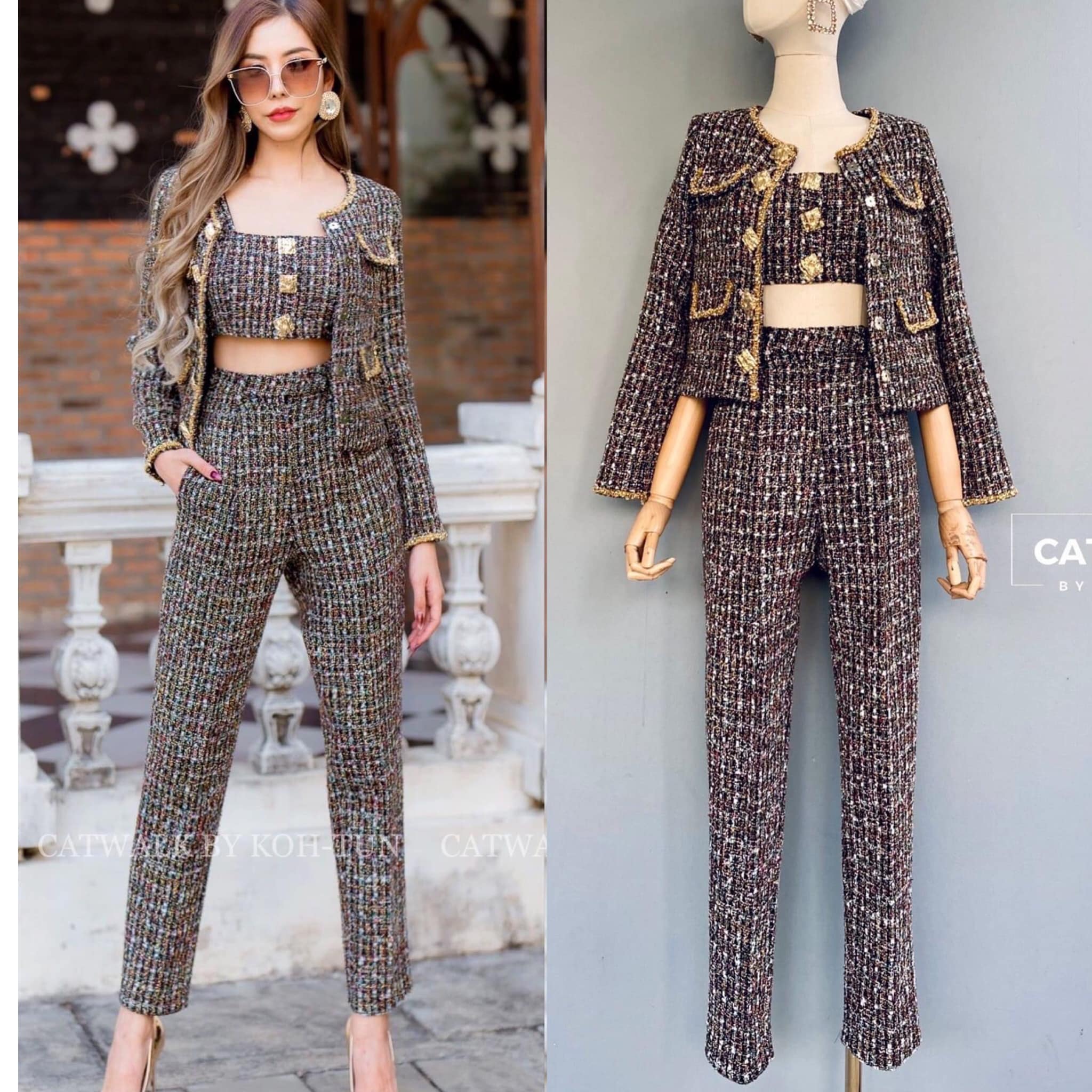 เซตผ้าทวีต 3 ชิ้น เสื้อครอป+เสื้อคลุม+ กางเกง เนื้อผ้าทวีตเกรดเอ สินค้าคุณภาพ (พร้อมส่ง)