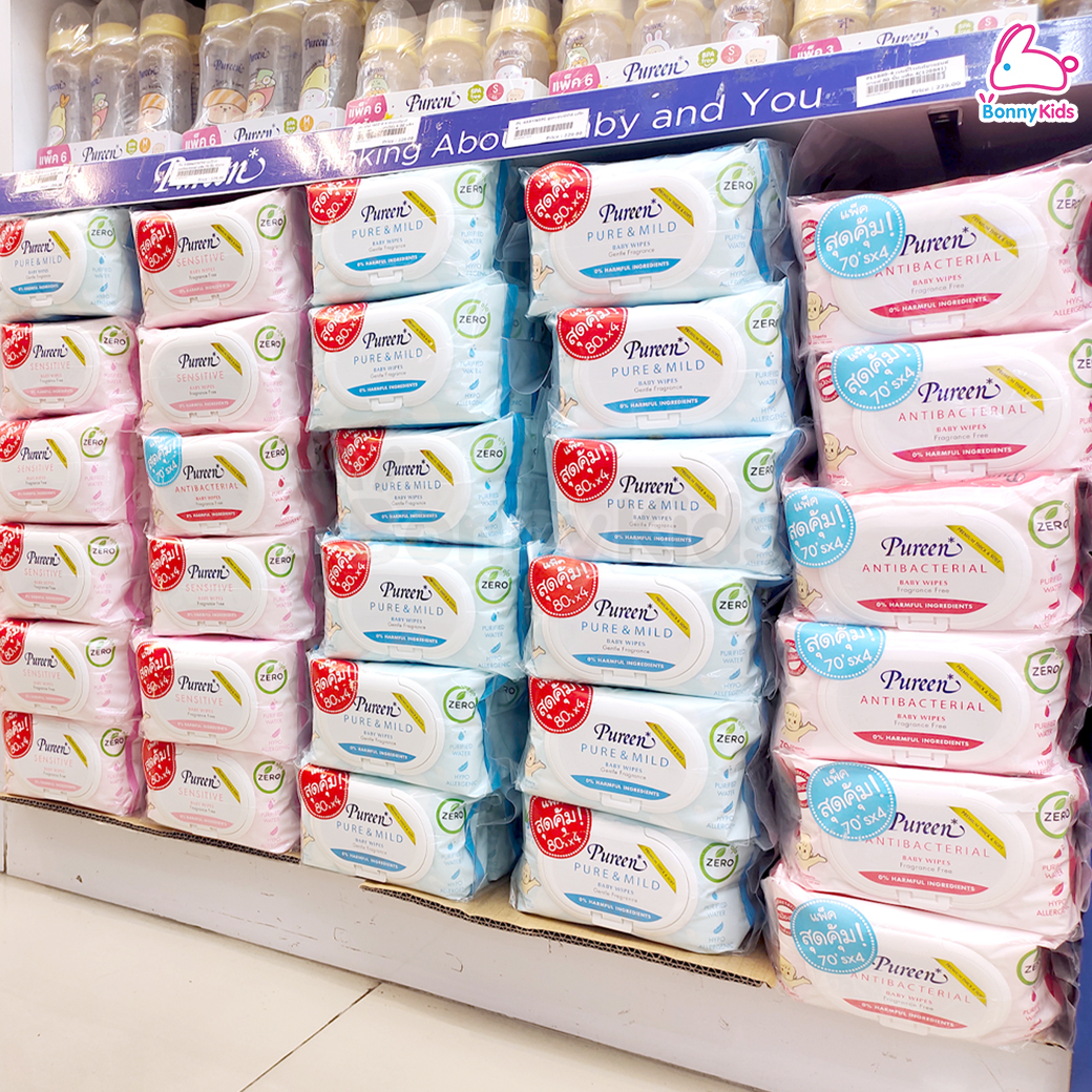 Pureen (เพียวรีน) Baby Wipes เบบี้ไวพส์ ผ้าเช็ดทำความสะอาดผิว (แพ็คสุดคุ้ม 4 ห่อ)