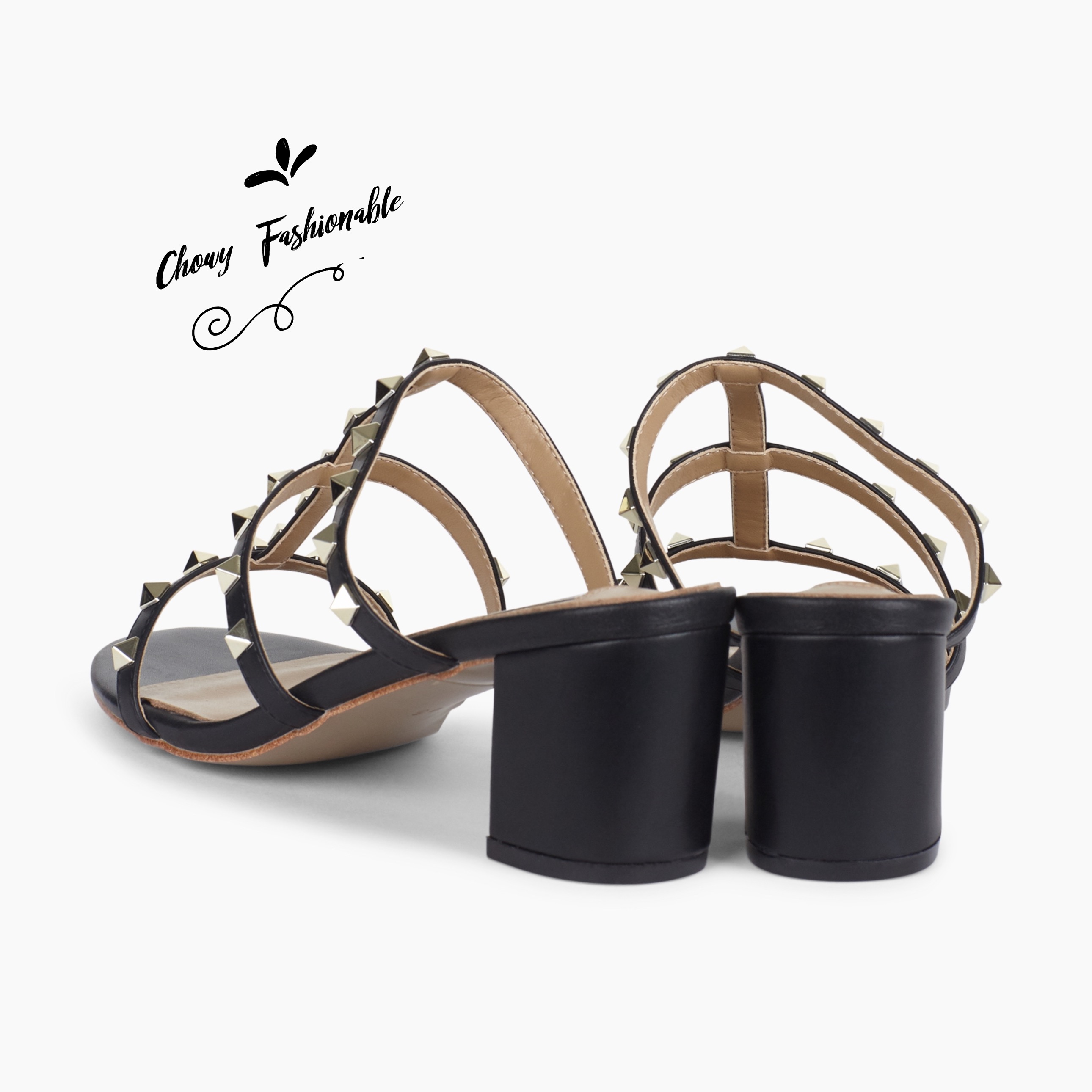 รองเท้าแตะส้นสูงไซส์ใหญ่ 43 44 45 ติดหมุด สไตล์วาเลนติโน่ หนังแท้ สีดำ Rivert Style KR1198