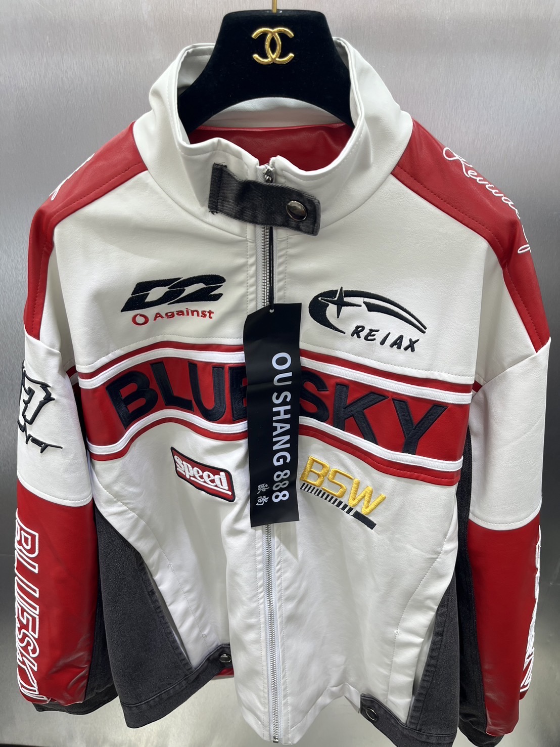 แจ็คเก็ตกึ่งหนัง ปักลาย Racing สวย สปอร์ต เท่ห์ รุ่น Unisex งานสวยขายดีมาก รุ่นนี้ผสมหนัง งานสวยมาก.. ใส่สบาย : สินค้าคุณภาพ (พร้อมส่ง)