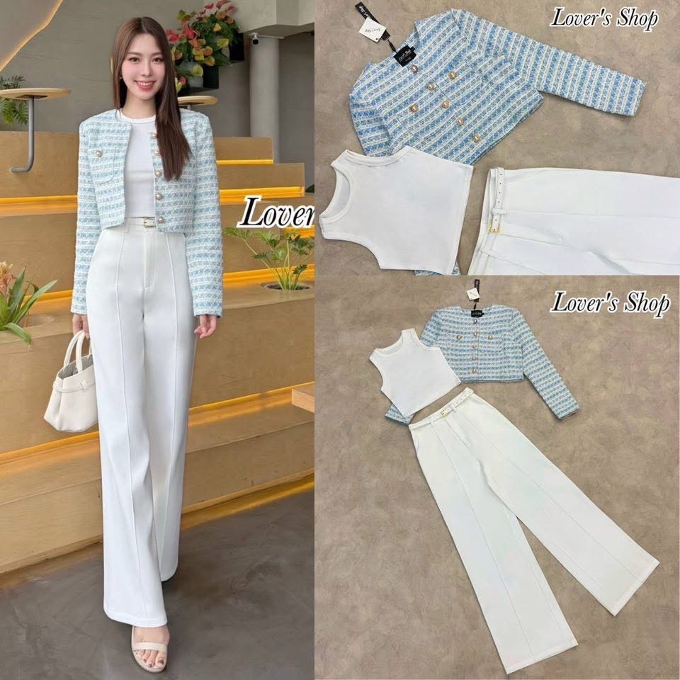 Set 4ชิ้น (เสื้อคลุม+เสื้อแขนกุด+กางเกง+เข็มขัด) ใส่สบาย : สินค้าคุณภาพ (พร้อมส่ง)