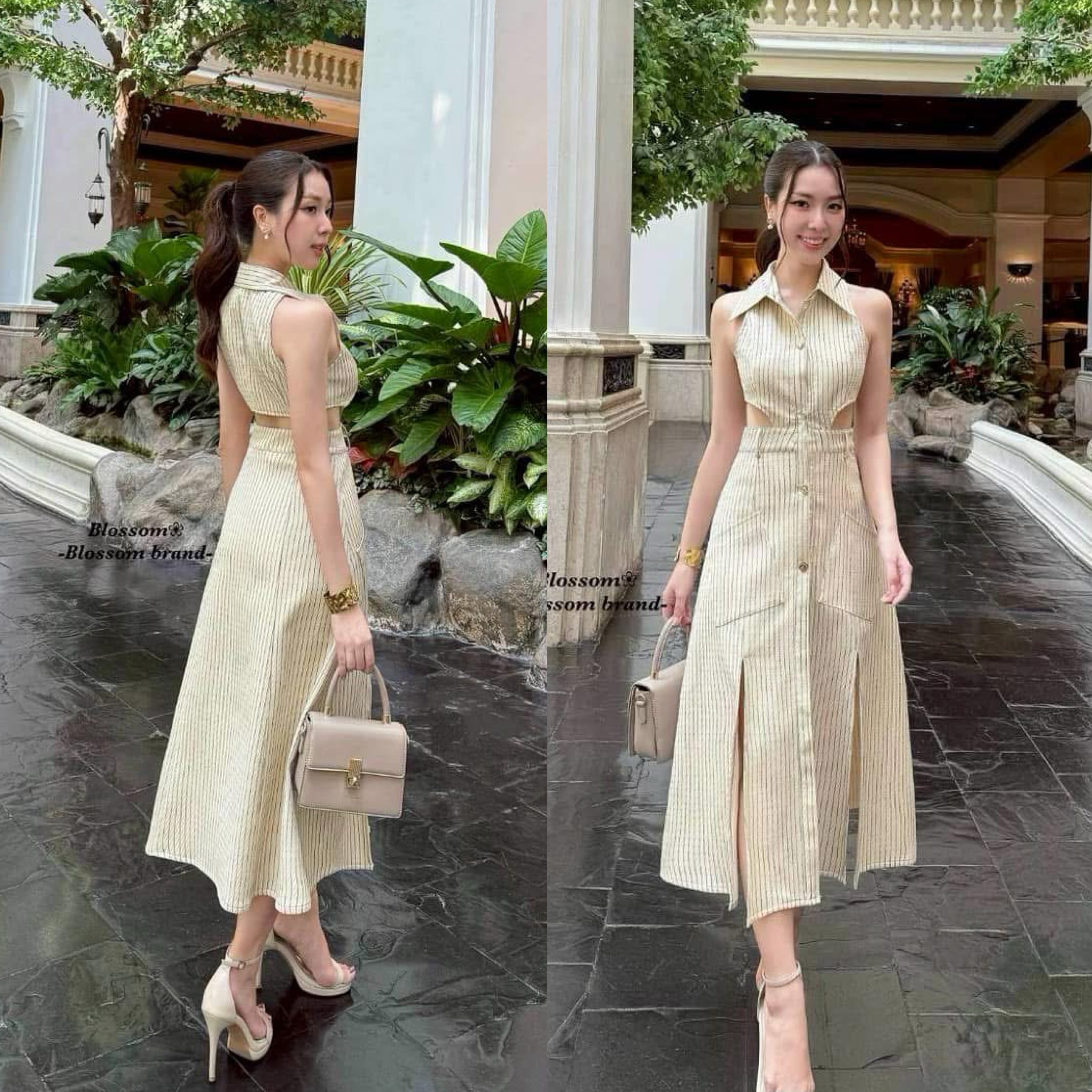 เดรสแขนกุดคอปกกระดุมหน้าผ้าลายทาง น่ารักสไตล์คุณหนู ดีไซน์เว้าเอวสองข้าง ช่วงกระโปรงผ่าหน้าแต่งกระดุมโลหะเพิ่มความเก๋ ใส่สบาย : สินค้าคุณภาพ (พร้อมส่ง)