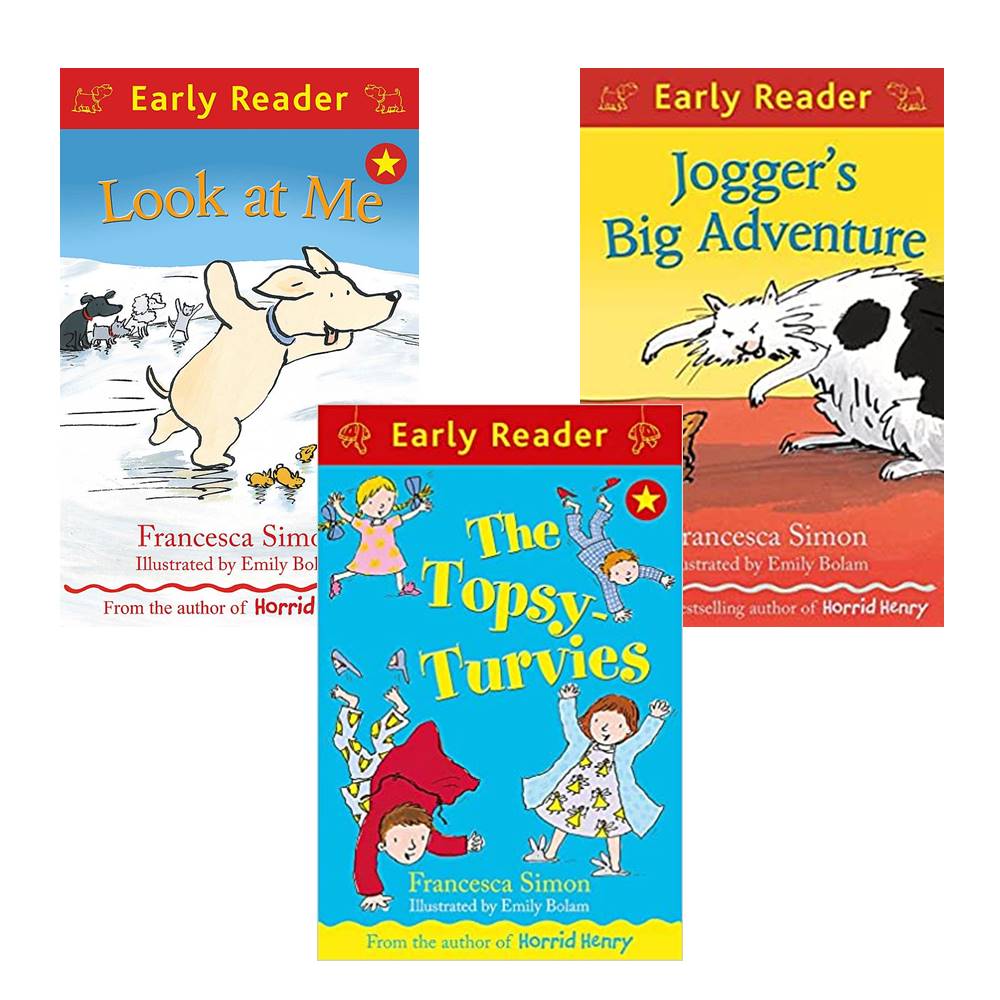 Orion Early Reader : 3 Book Collection : Francesca Simon : The Topsy-Turvies + Jogger's Big Adventure + Look at Me หนังสือเรื่องสั้นฝึกทักษะการอ่านขั้นต้น 3 เล่ม โดยผู้แต่ง Horrid Henry
