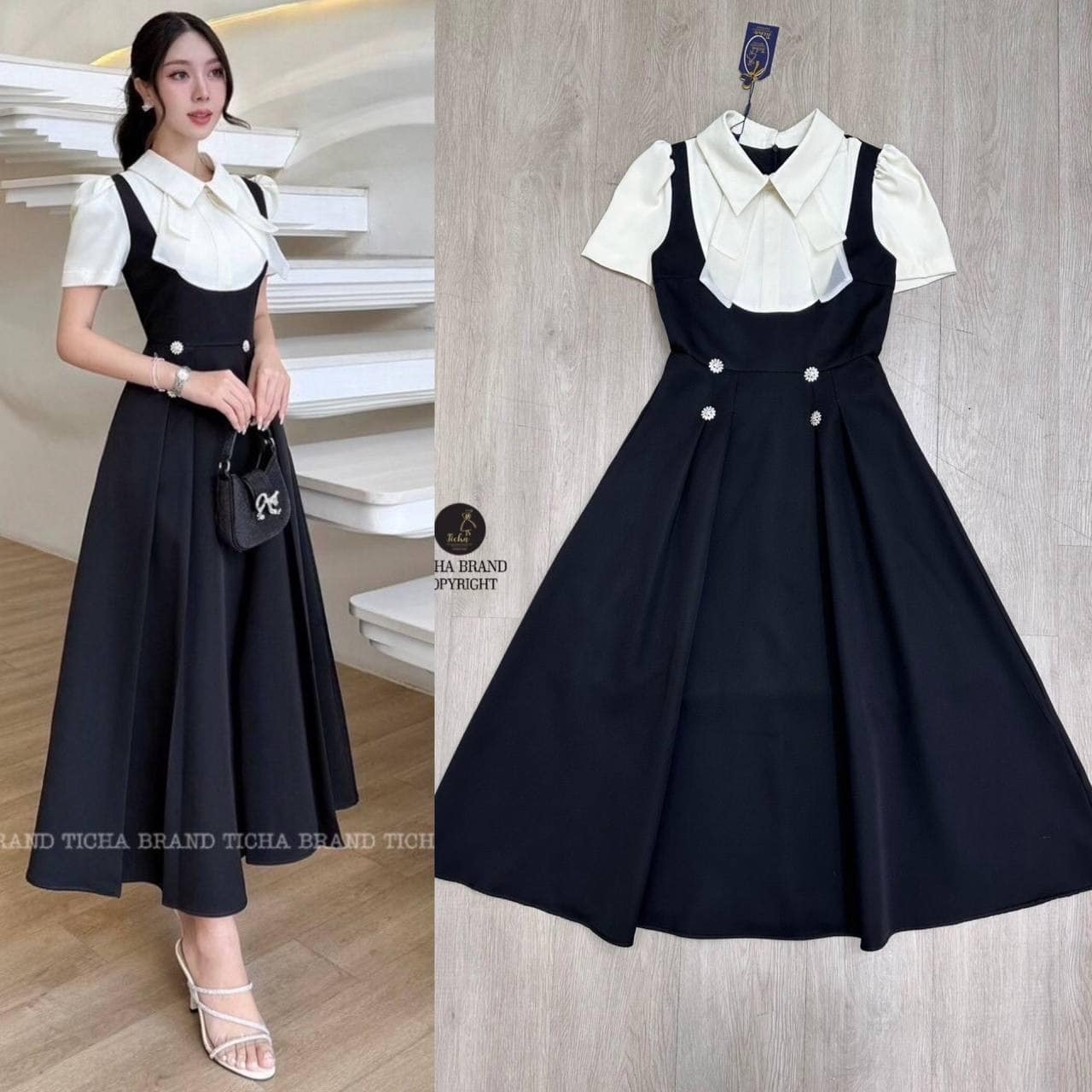 เดรสยาวสีดำอกครีมช่วงคอปกและแขนสีครีมดีไซน์คอปกและแต่งริบบิ้นยาว (ไม่เสริมฟองน้ำ มีซิปหลังอย่างดี ) ช่วงกระโปรงจับจีบทั้งตัวและเย็บติดดอกไม้เพชร ใส่สบาย : สินค้าคุณภาพ (พร้อมส่ง)