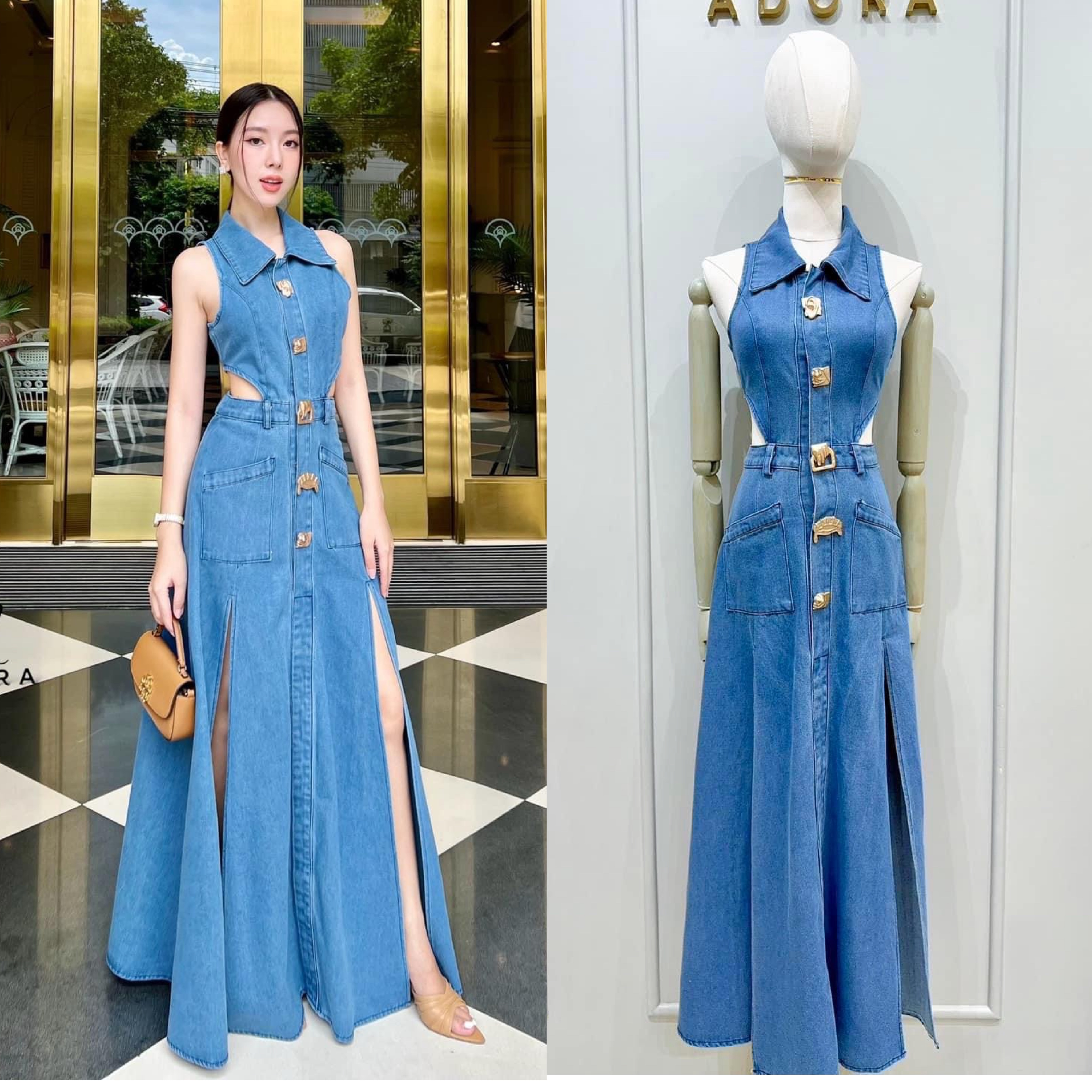 เดรสยาวเนื้อผ้ายีนส์ ดีไซน์คอปกเว้าเอวสองข้าง ช่วง กระโปรงผ่าหน้า เพิ่มความเก๋ ด้วยอะไหล่กระดุม โลหะ ใส่สบาย : สินค้าคุณภาพ (พร้อมส่ง)