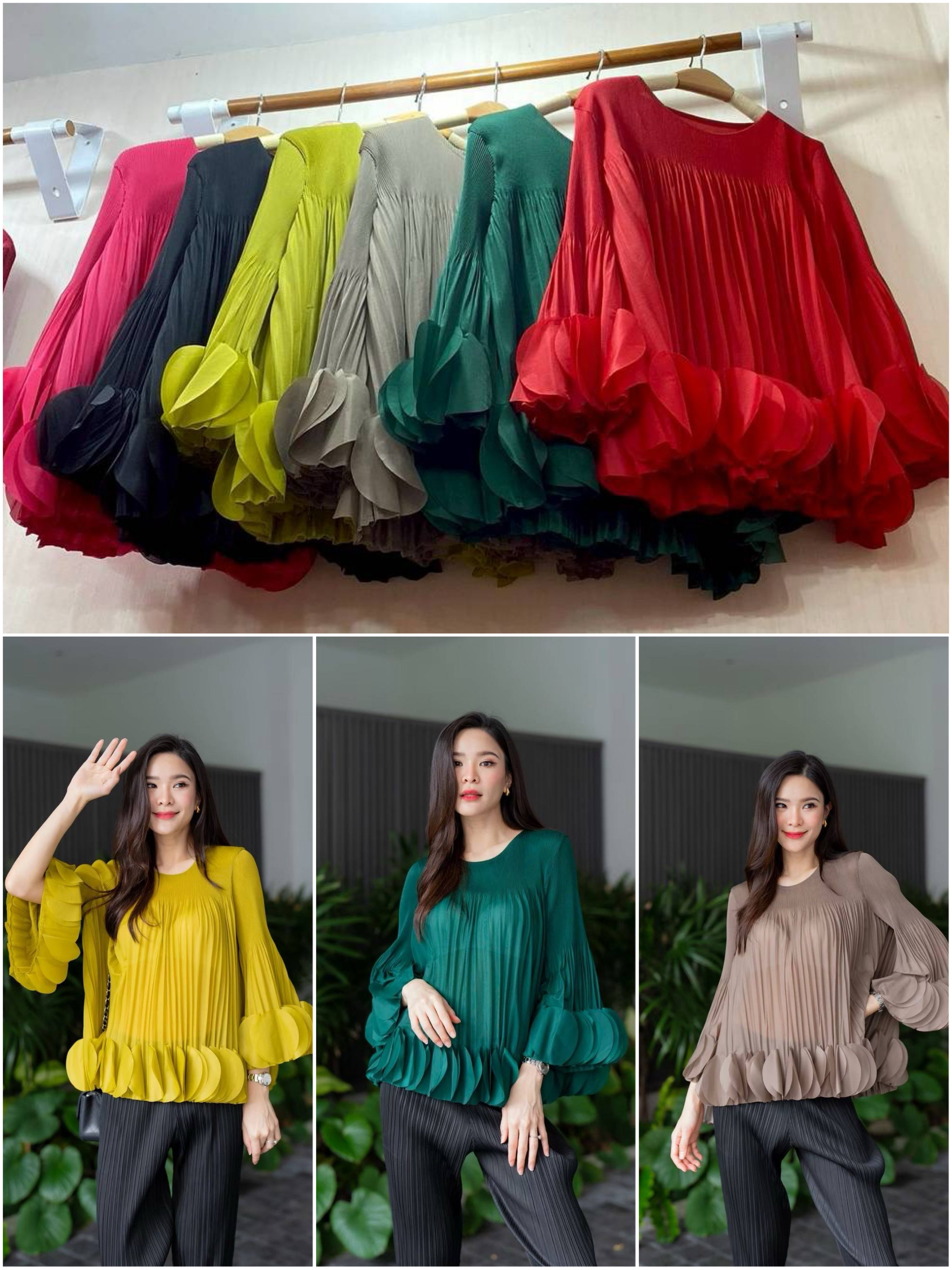 เสื้อคอกลม แขนยาว แบบมีการแต่งระบาย ด้วยการตัด เลเซอร์คัตวงกลมมาซ้อนเรียง ด้วยความประณีต ทำให้ขึ้นพุ่มทรงอย่าง สวยงาม ใส่สบาย : สินค้าคุณภาพ (พร้อมส่ง)