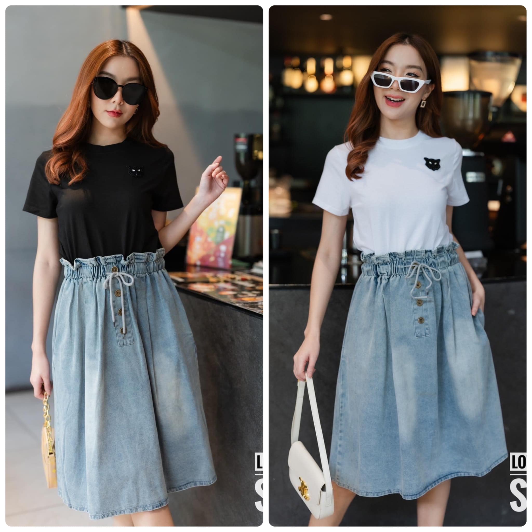 เดรสผ้ายืดคอกลมแขนสั้น เย็บอาร์มสีดำ แต่งอะไหล่เพชร ช่วงกระโปรงเป็นผ้ายีนส์ ฟอกนิ่ม เอวรูดสายได้ตามชอบ สินค้าคุณภาพ (พร้อมส่ง).