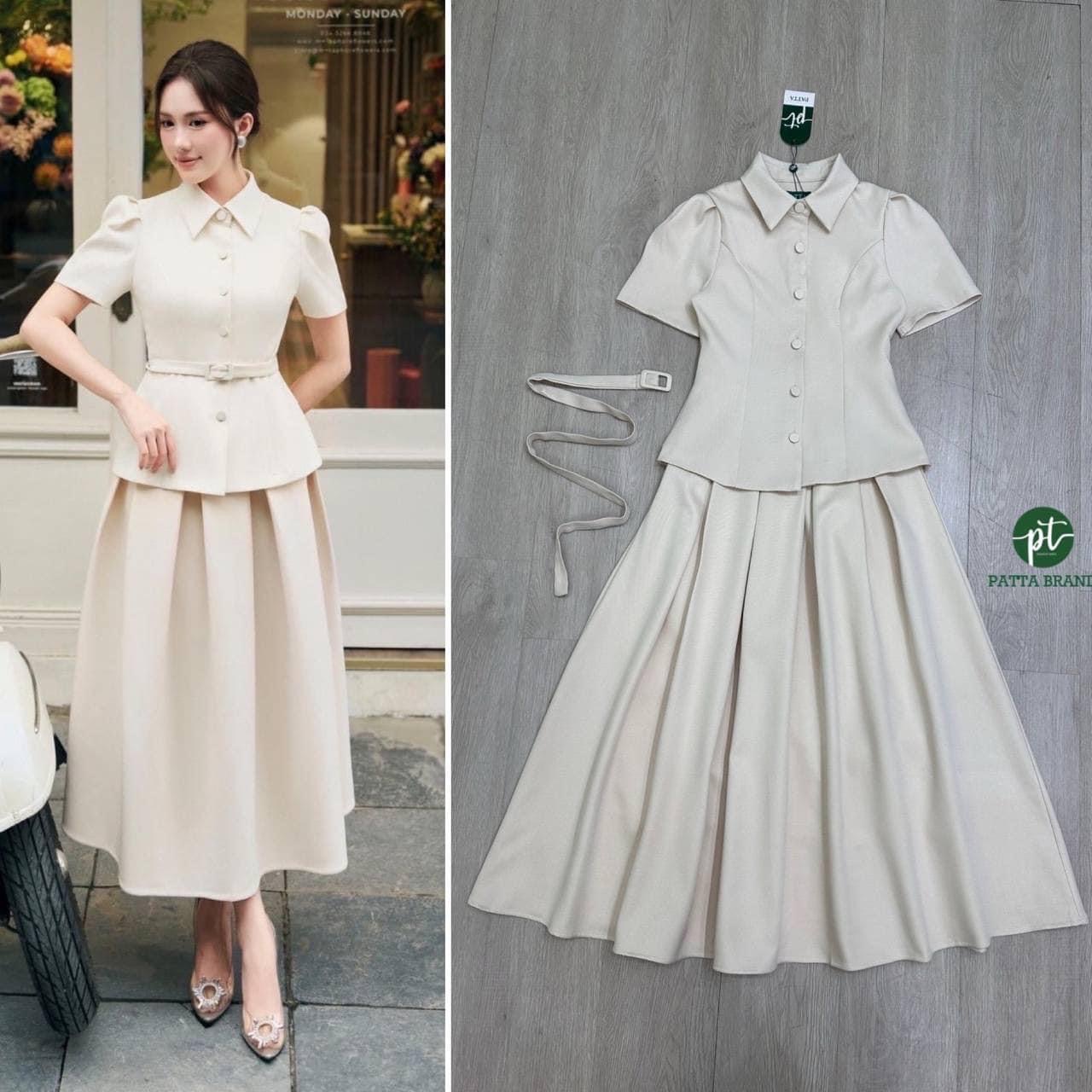 Set 2 ชิ้นสีครีมเสื้อตัวยาวดีไซน์คอปก็ แขนสั้น ด้านหน้ามีกระดุมเรียงยาวใช้งานได้จริง ทรงสวย มาคู่กับเข็มขัดผ้าสีเดียวกัน กับชุดใส่ ปรับเข้ารูปให้ทรงสวย และมาพร้อมกับกระโปรง ยาวจับจีบใหญ่พริ้วรอบตัว ใส่สบาย : สินค้าคุณภาพ (พร้อมส่ง)