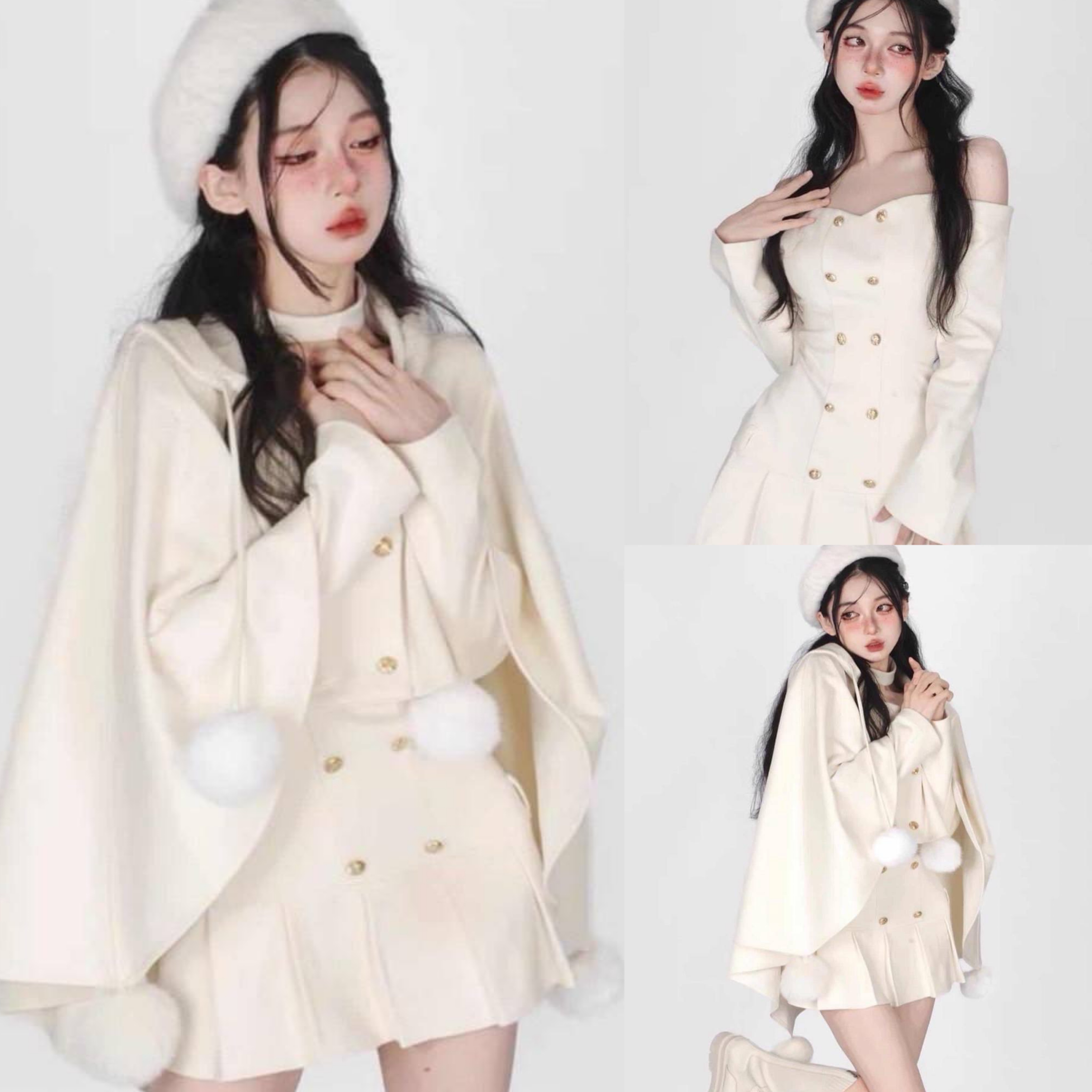 เซท 2 ชิ้น เสื้อคลุมแต่งฮูดกระดุมหน้า หน้าสั้นหลังยาว แมทซ์กับเดรสสายเดี่ยวปาดไหล่แต่งแขนยาว สินค้าคุณภาพ (พร้อมส่ง)