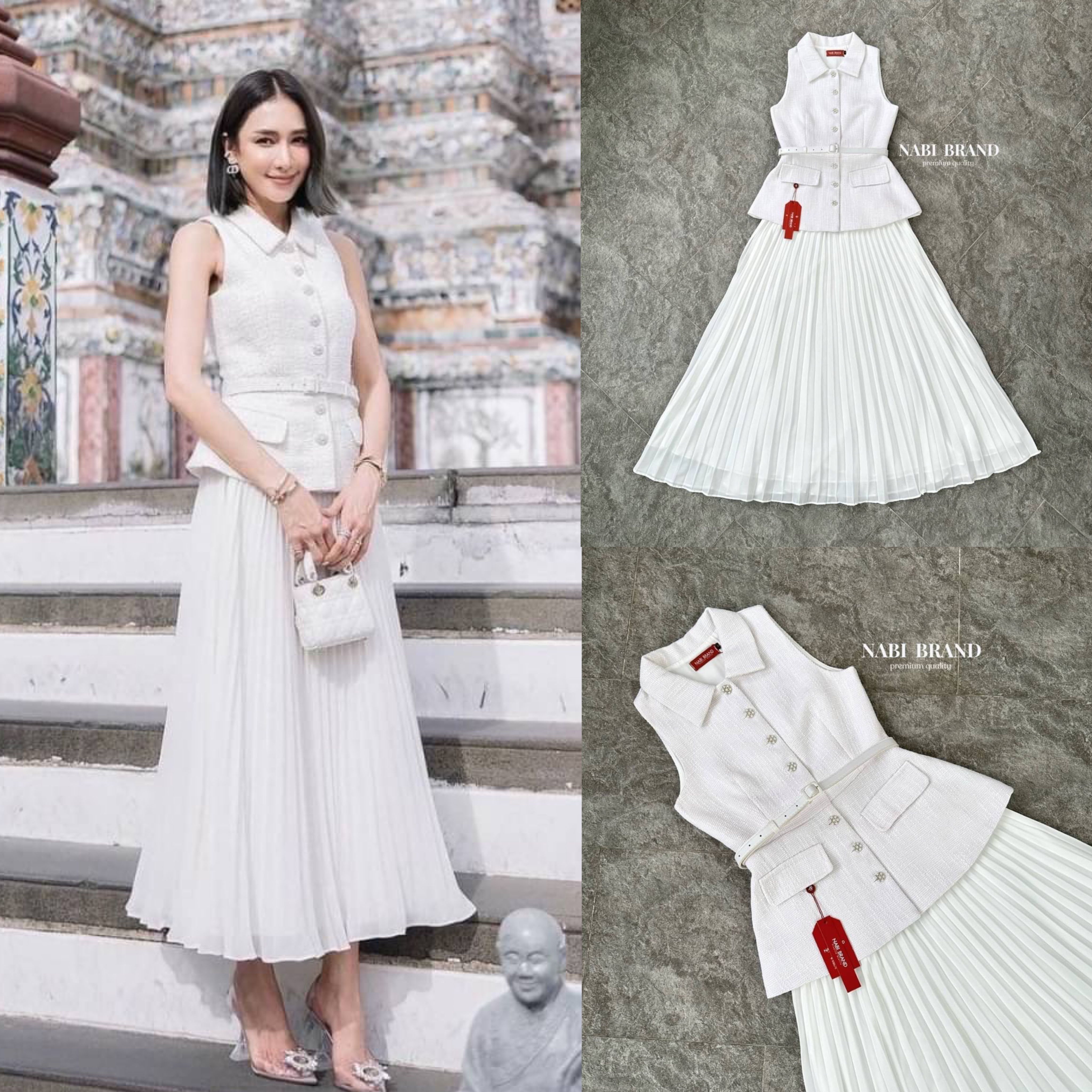 Set3ชิ้น เสื้อแขนกุดผ้าทวีต คอปก งานกระดุมหน้า มาคู่ กับ เข้มขัดและกระโปรงอัดพลีท สินค้าคุณภาพ (พร้อมส่ง)