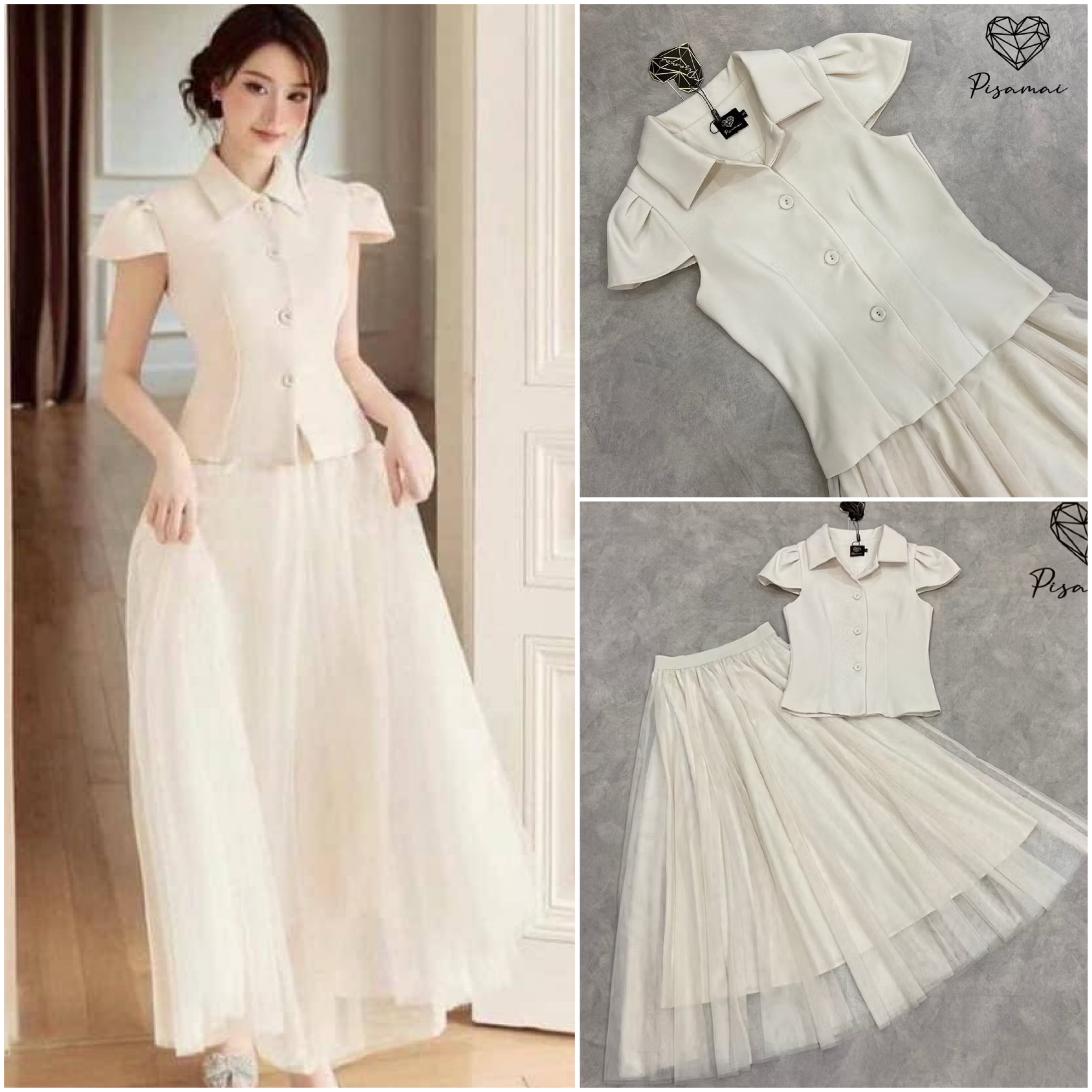 เซ็ตเสื้อคอปกสีครีม มาคูืกับกระโปรง ฟูบานยาว ใส่สวยฟินจ้า : สินค้าคุณภาพ (พร้อมส่ง)