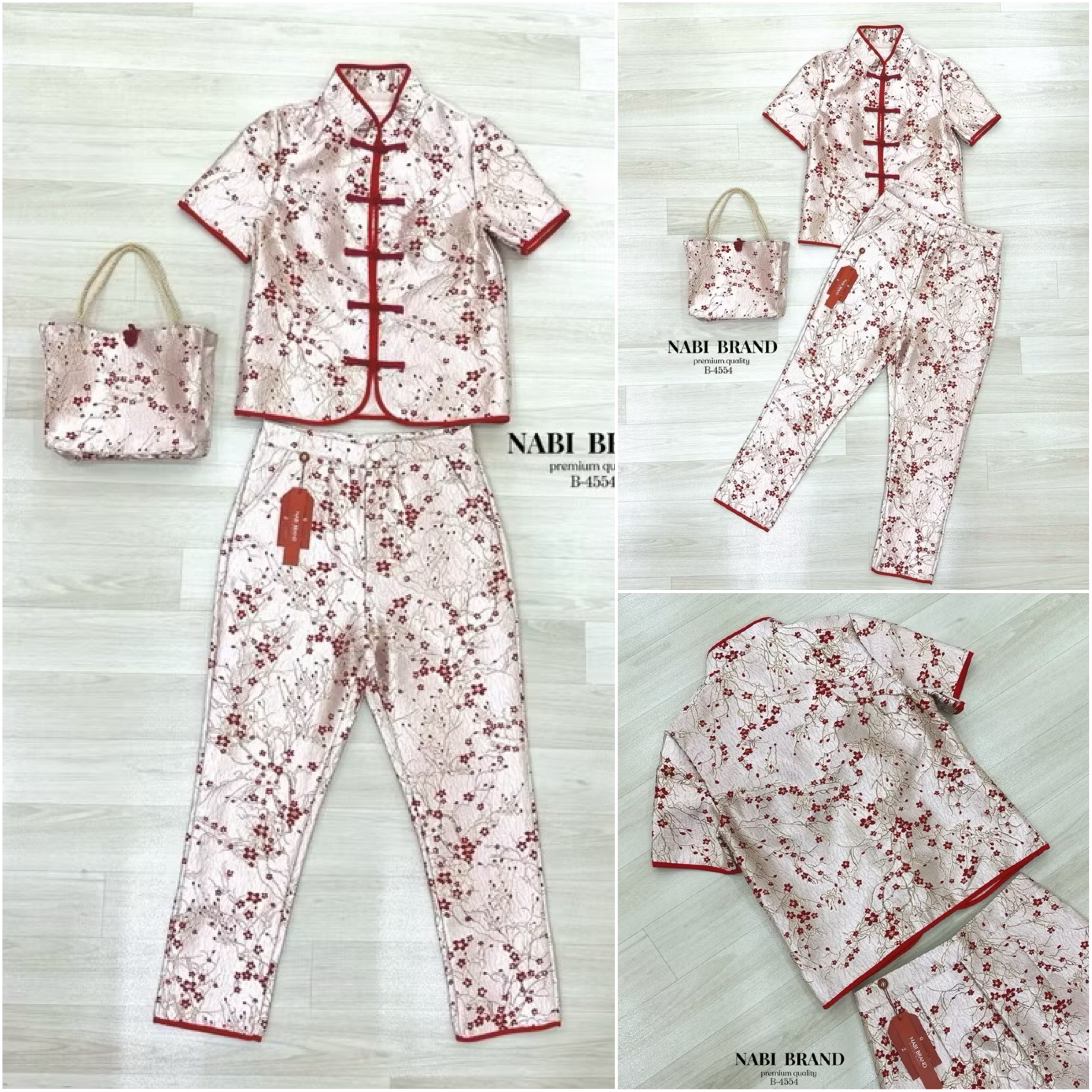 Set 3 ชิ้น รับอั๋งเปา เสื้อผ้าทอแขนสั้น กระดุมจีน กุ้นสีแดง และ กางเกงขายาว กุ้นสีแดง ลายสวยมากก กางเกงซิบหน้า และจัดเต็มด้วยกระเป๋า ถือรับซอง ใส่สบาย : สินค้าคุณภาพ (พร้อมส่ง)