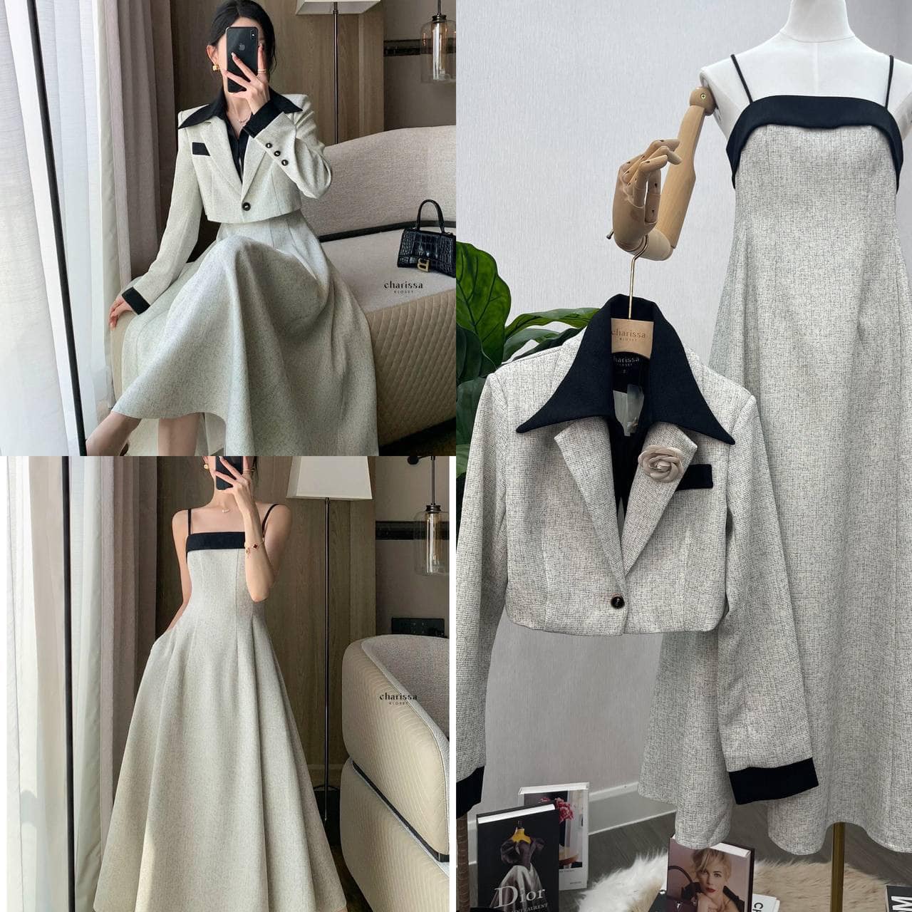 เซ็ทเดรสยาว มาพร้อมกับเสื้อคลุมลุคทูโทน สวยหรูลุคคุณหนู(แถมฟรีเข็มกลัดดอกไม้)ใส่สบาย : สินค้าคุณภาพ (พร้อมส่ง)