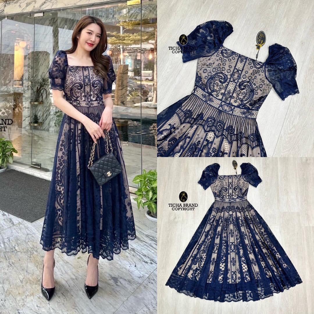 เดรสลูกไม้ แขนตุ๊กตา เนื้อผ้าทอลายขึ้นพิเศษในลุค เจ้าหญิง หรือสีดำในลุคสวยหรู สินค้าคุณภาพ (พร้อมส่ง)